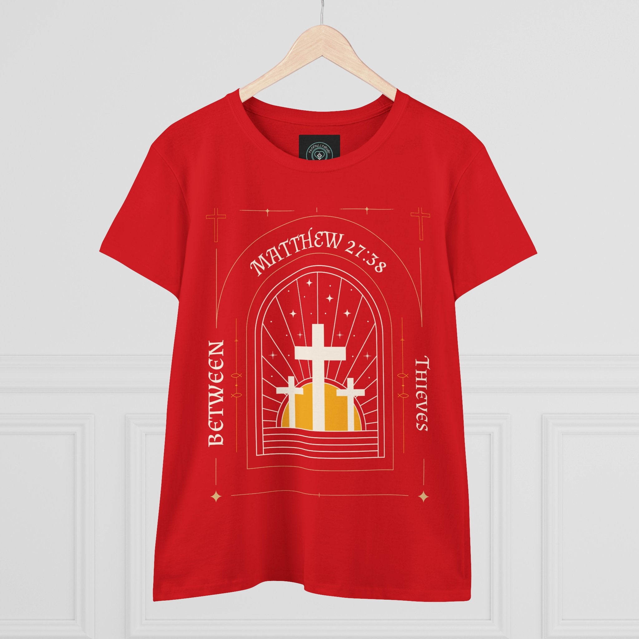 Women's Tee, Casual Faith Shirt semi fitted, Matthew 27:38 Affirmation Top, Godly Girl graphic Tee, Gift for Her - Between thieves.