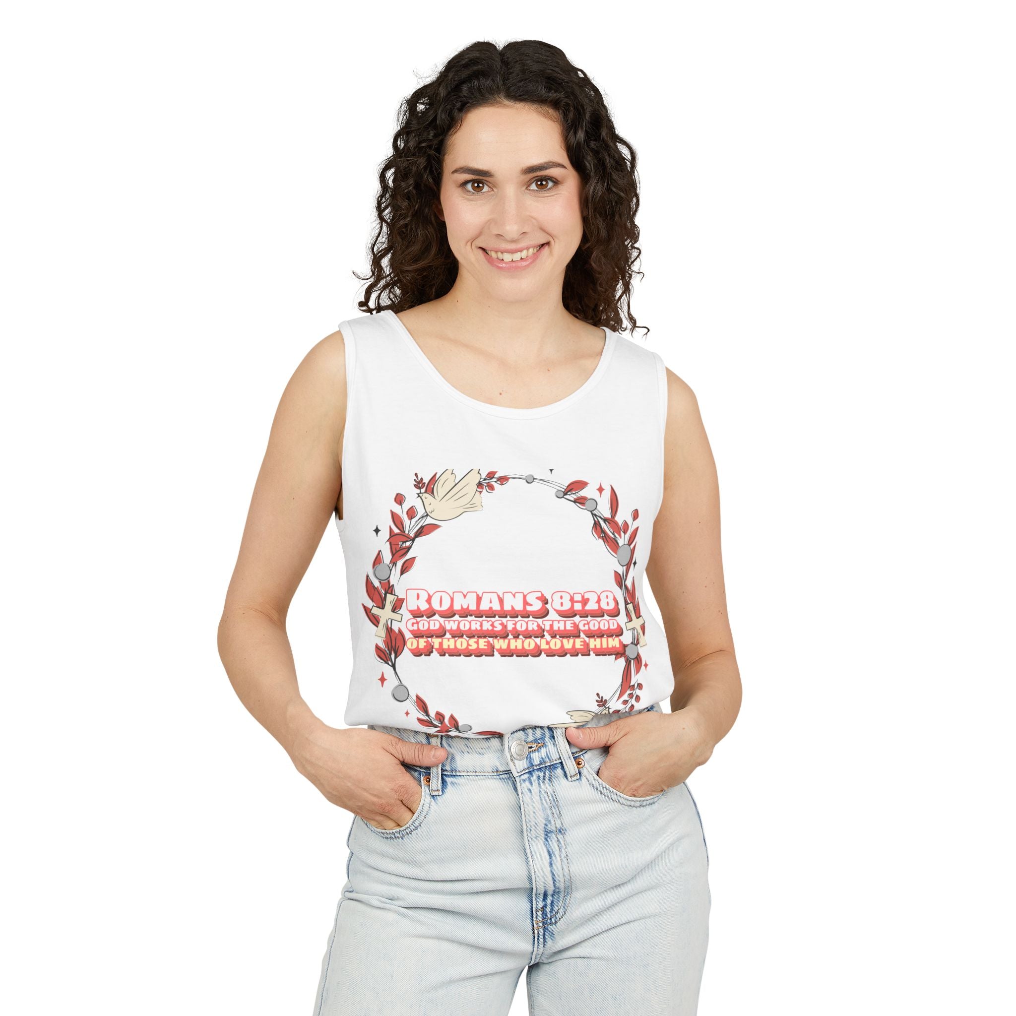 Faith-Inspired Tank Top, ROMANS 8:28, Summer Essential, Religious Gift, Casual Wear, Christian Apparel