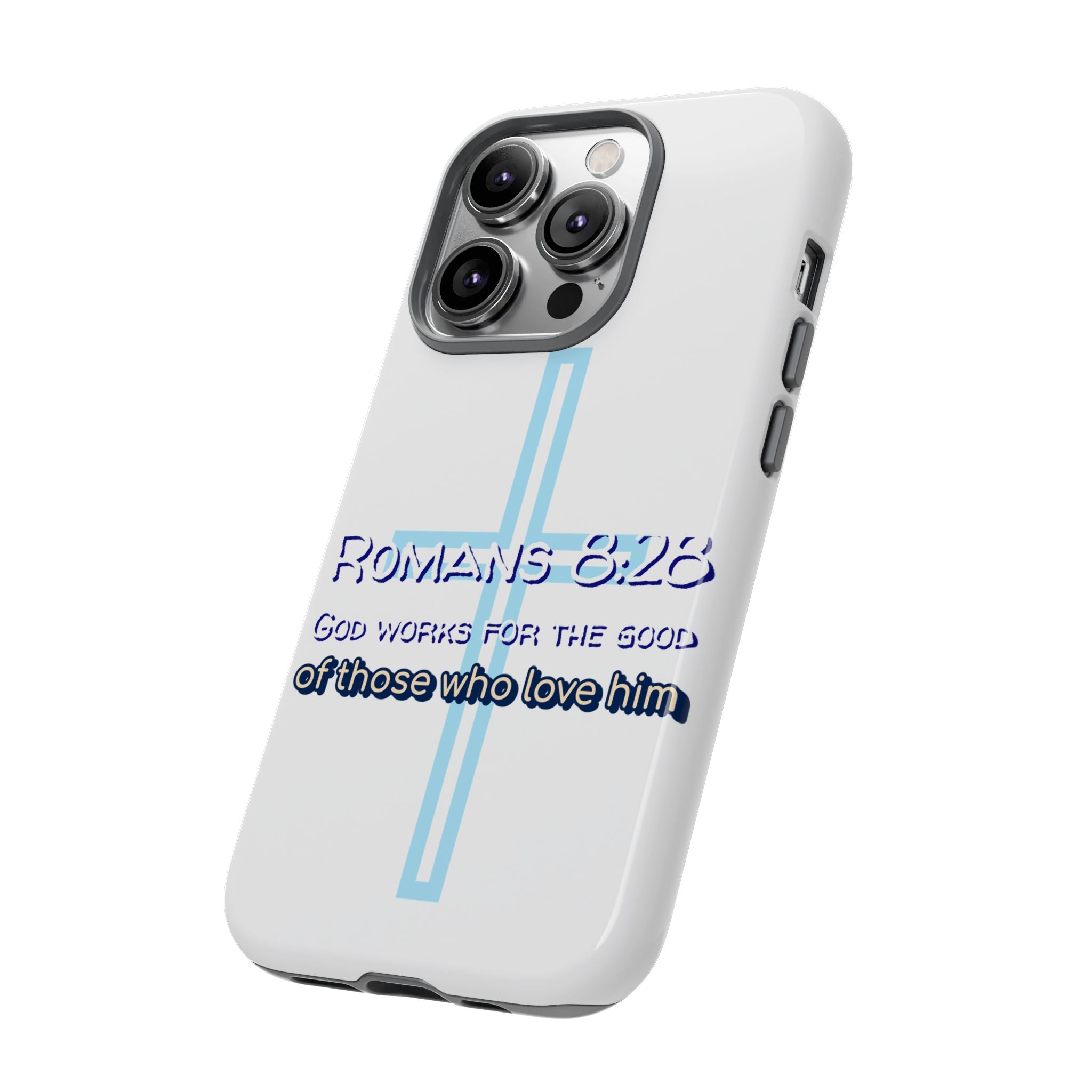 White Case of iPhone series -Romans 8:28 God works for the Good of those who loves him. Tough Cases for Faith & Inspiration, Christian Gifts, Stylish Protection, Bible Verse Accessories