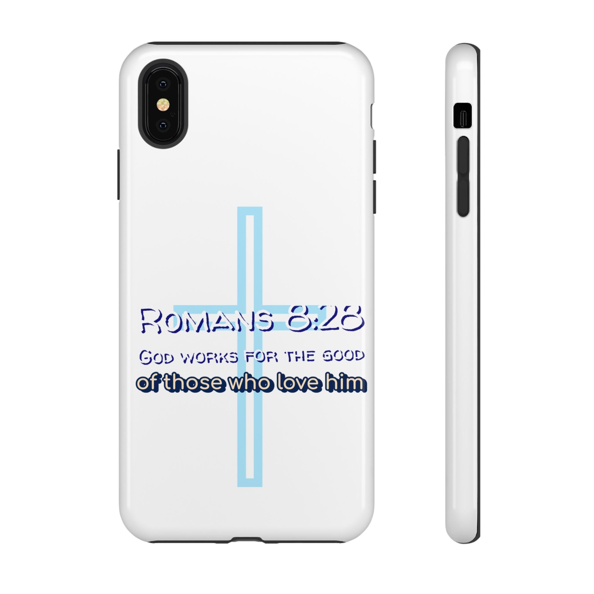 White Case of iPhone series -Romans 8:28 God works for the Good of those who loves him. Tough Cases for Faith & Inspiration, Christian Gifts, Stylish Protection, Bible Verse Accessories
