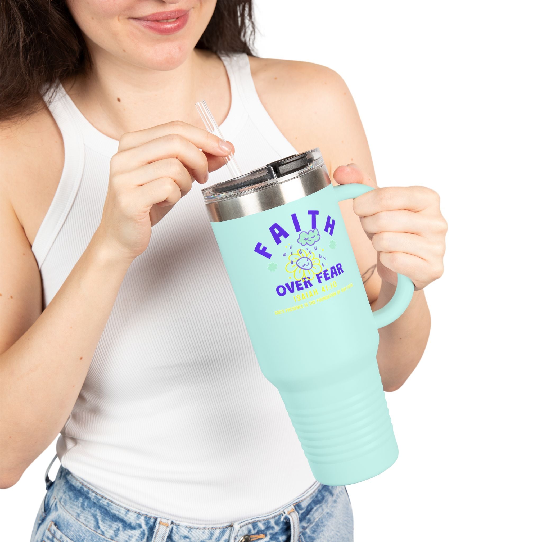 Personalized Inspirational Insulated Travel Mug Faith over Fear, Motivational Drinkware, 40oz Tumbler for Teens, Church Gift, Birthdays, Graduation