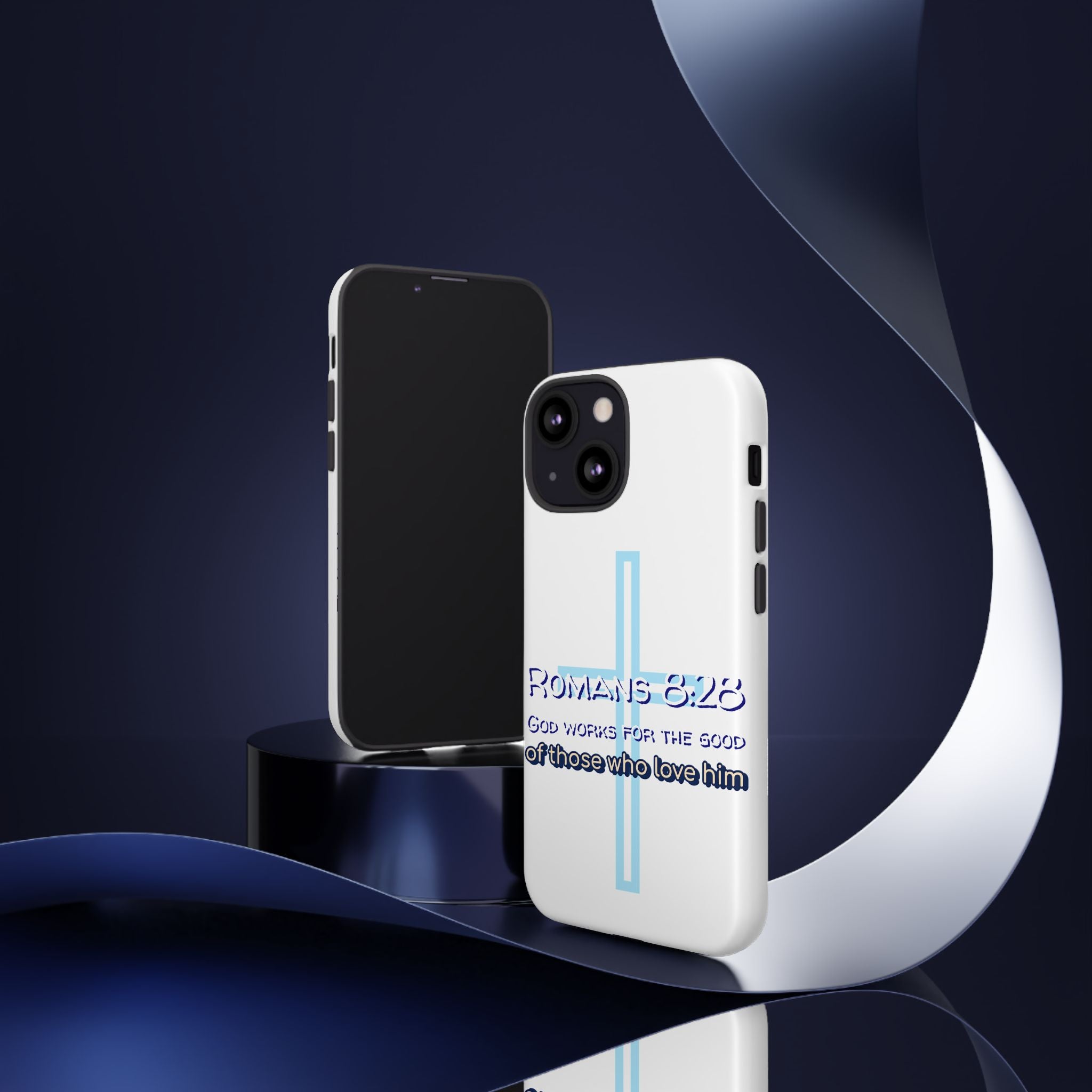 White Case of iPhone series -Romans 8:28 God works for the Good of those who loves him. Tough Cases for Faith & Inspiration, Christian Gifts, Stylish Protection, Bible Verse Accessories