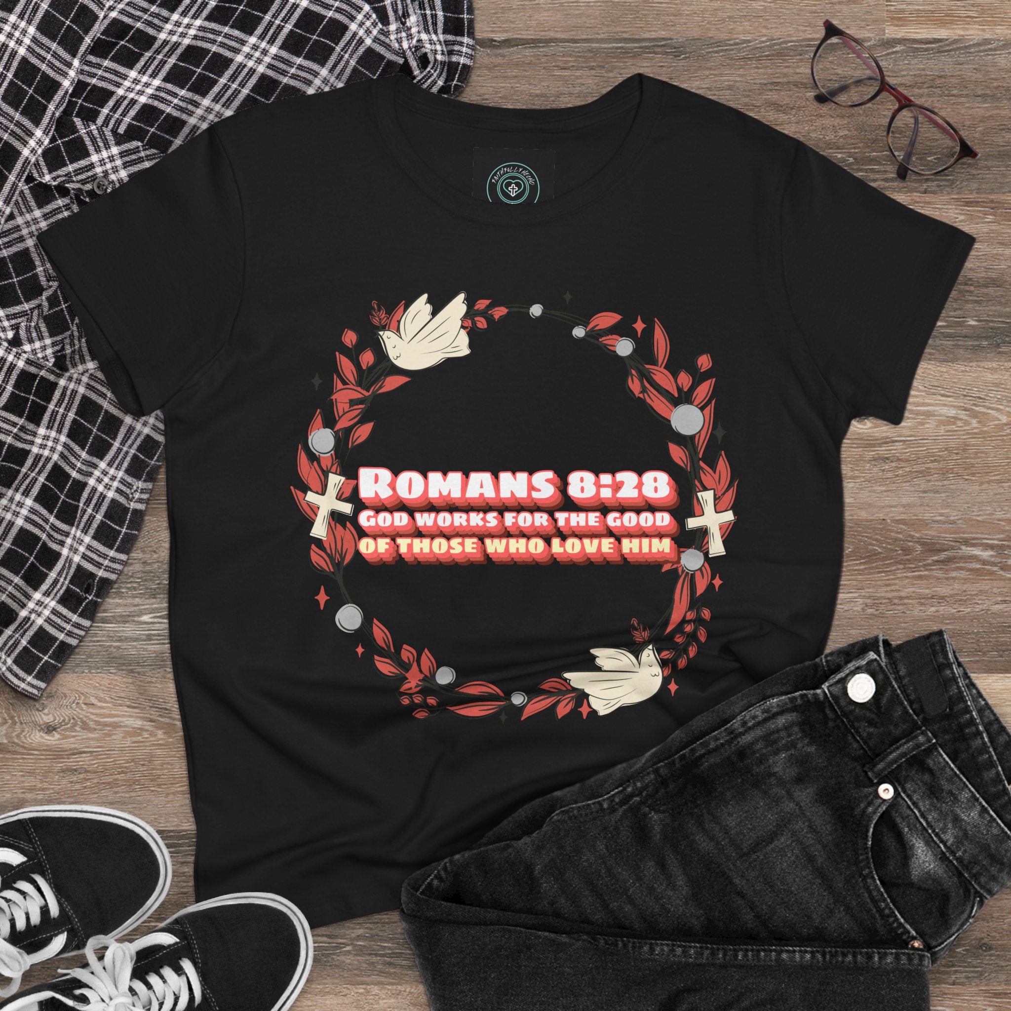 Romans 828 Jesus Women's Tee, Casual Faith Shirt, Everyday Affirmation Top, God works for the good graphic Tee, Gift for Her