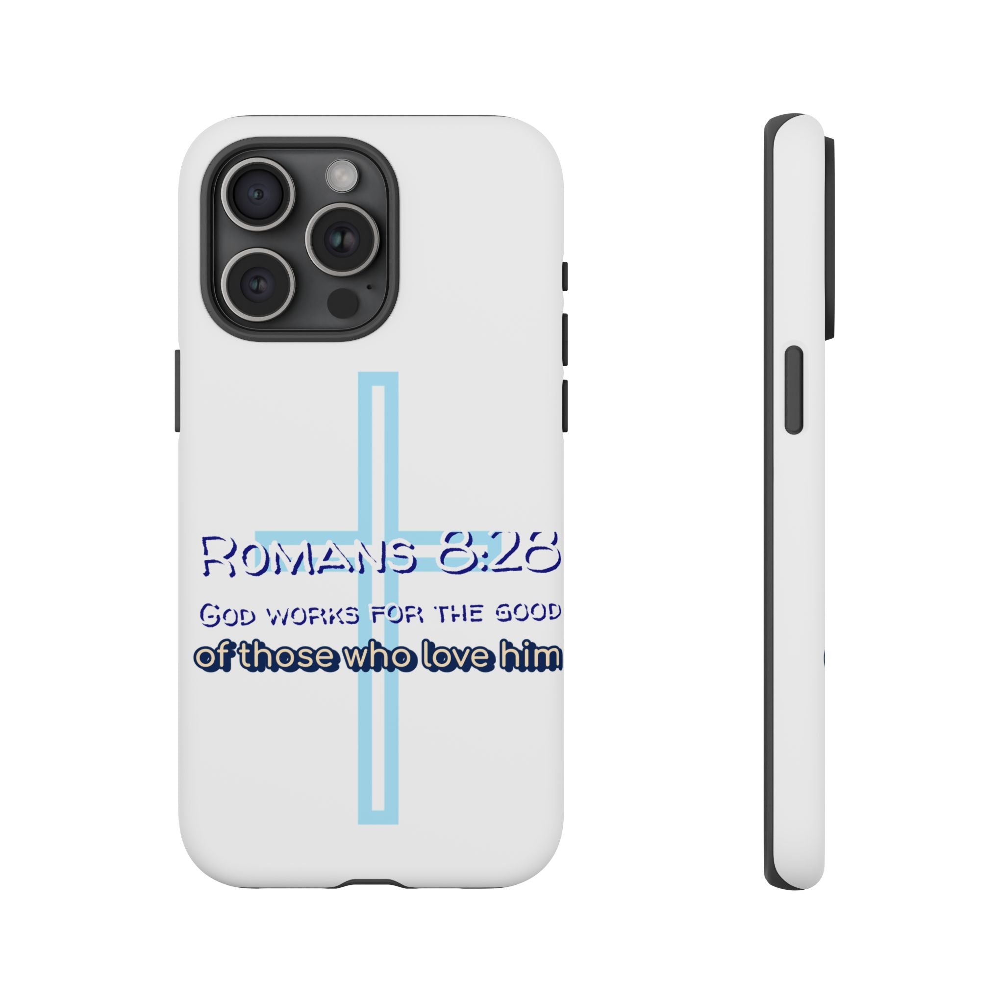 White Case of iPhone series -Romans 8:28 God works for the Good of those who loves him. Tough Cases for Faith & Inspiration, Christian Gifts, Stylish Protection, Bible Verse Accessories