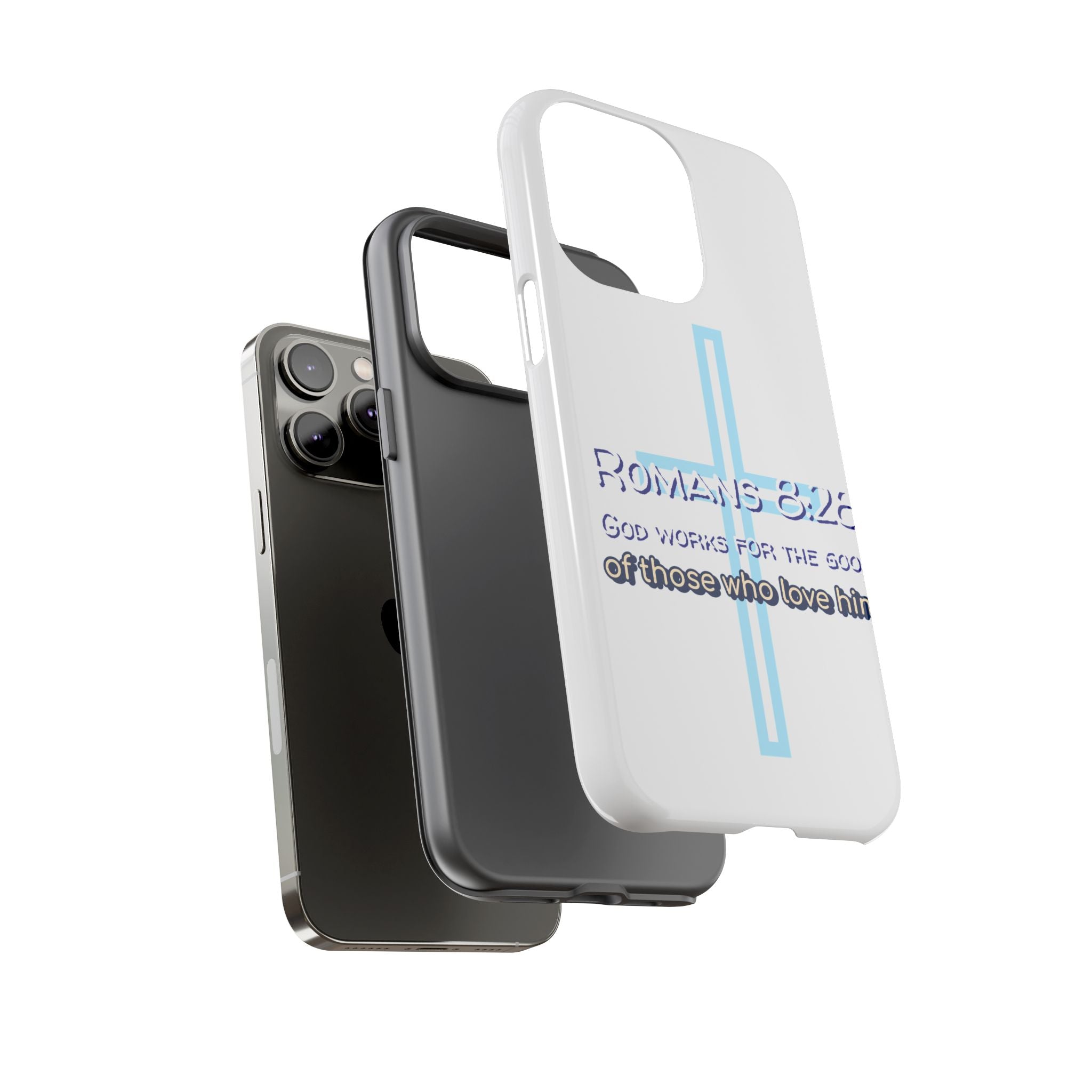 White Case of iPhone series -Romans 8:28 God works for the Good of those who loves him. Tough Cases for Faith & Inspiration, Christian Gifts, Stylish Protection, Bible Verse Accessories