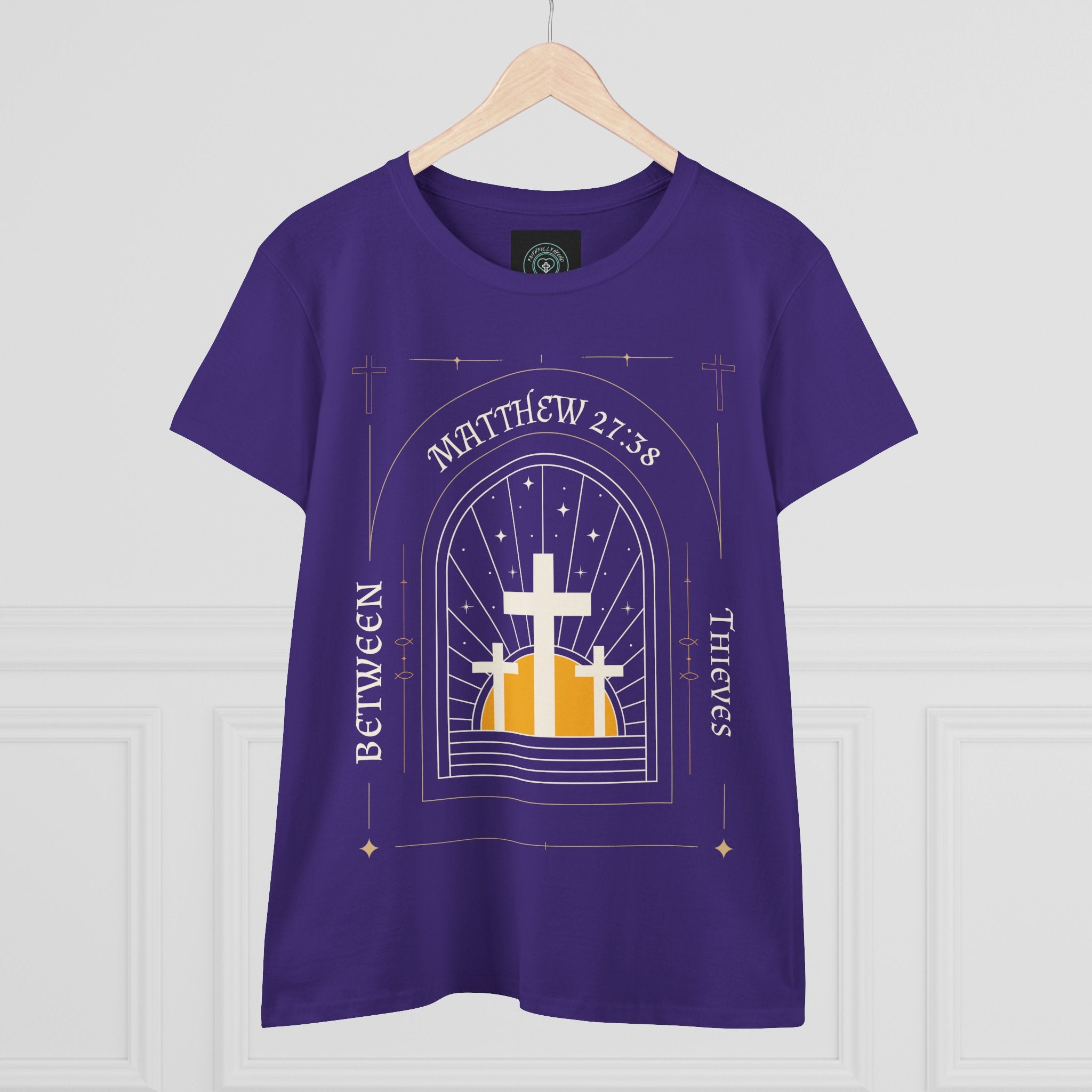 Women's Tee, Casual Faith Shirt semi fitted, Matthew 27:38 Affirmation Top, Godly Girl graphic Tee, Gift for Her - Between thieves.