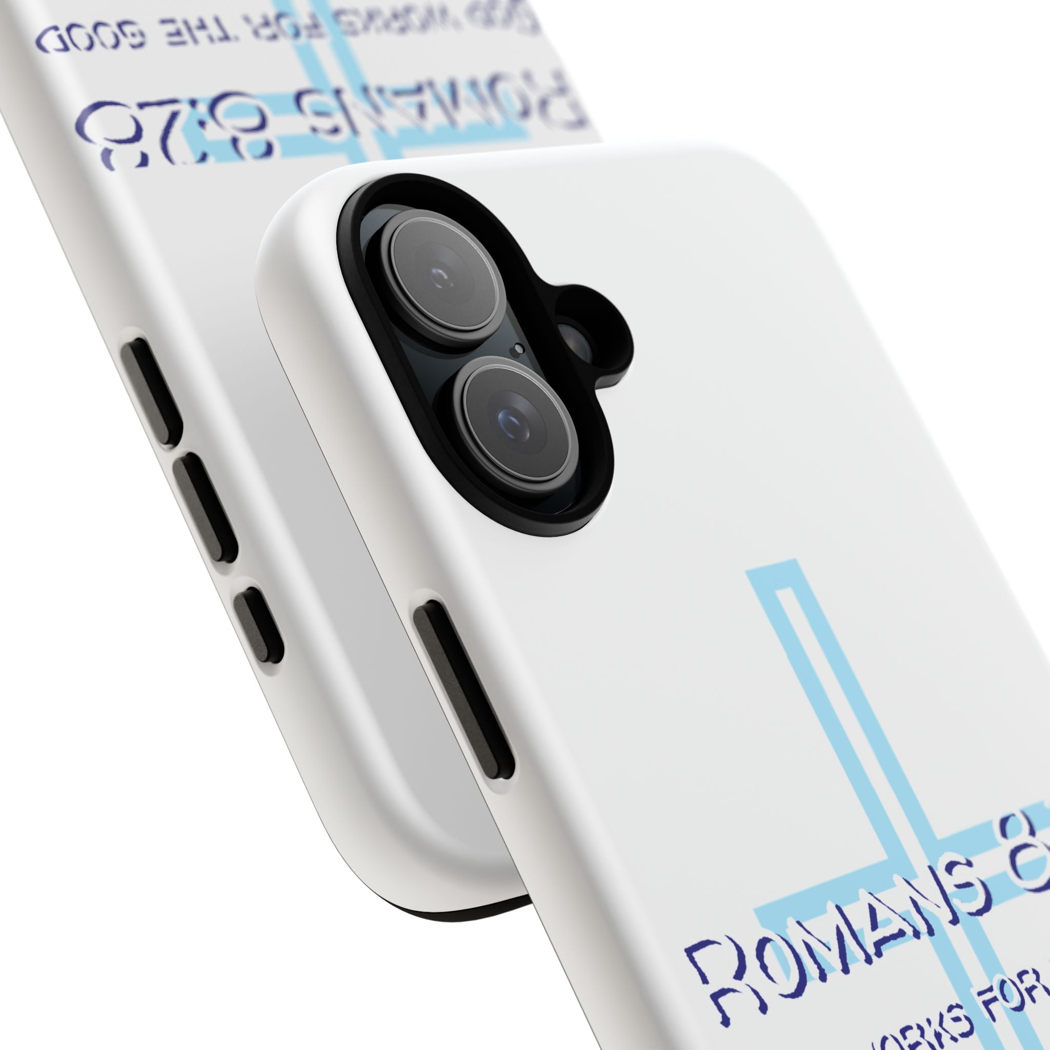 White Case of iPhone series -Romans 8:28 God works for the Good of those who loves him. Tough Cases for Faith & Inspiration, Christian Gifts, Stylish Protection, Bible Verse Accessories