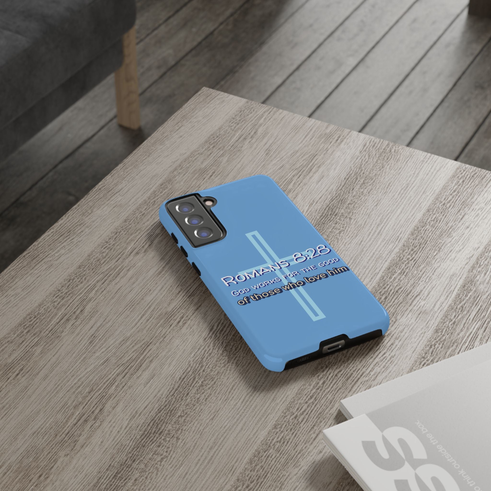 Light Blue Samsung series - Romans 8:28 God works for the Good of those who loves him. Samsung Series Tough Cases for Faith & Inspiration, Christian Gifts, Stylish Protection, Bible Verse Accessories