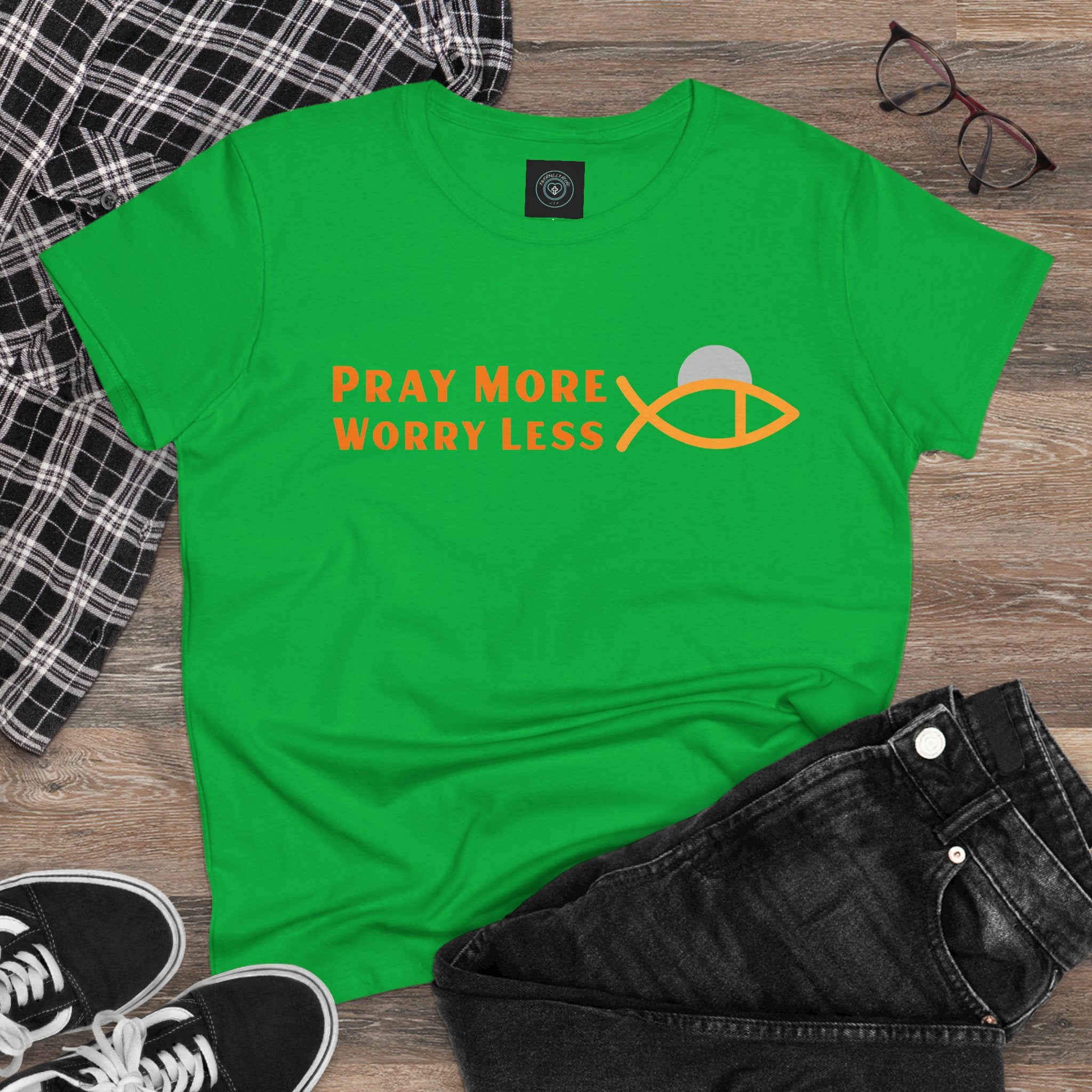 Cotton Tee for Ladies - Pray More Worry Less - Semi-fitted