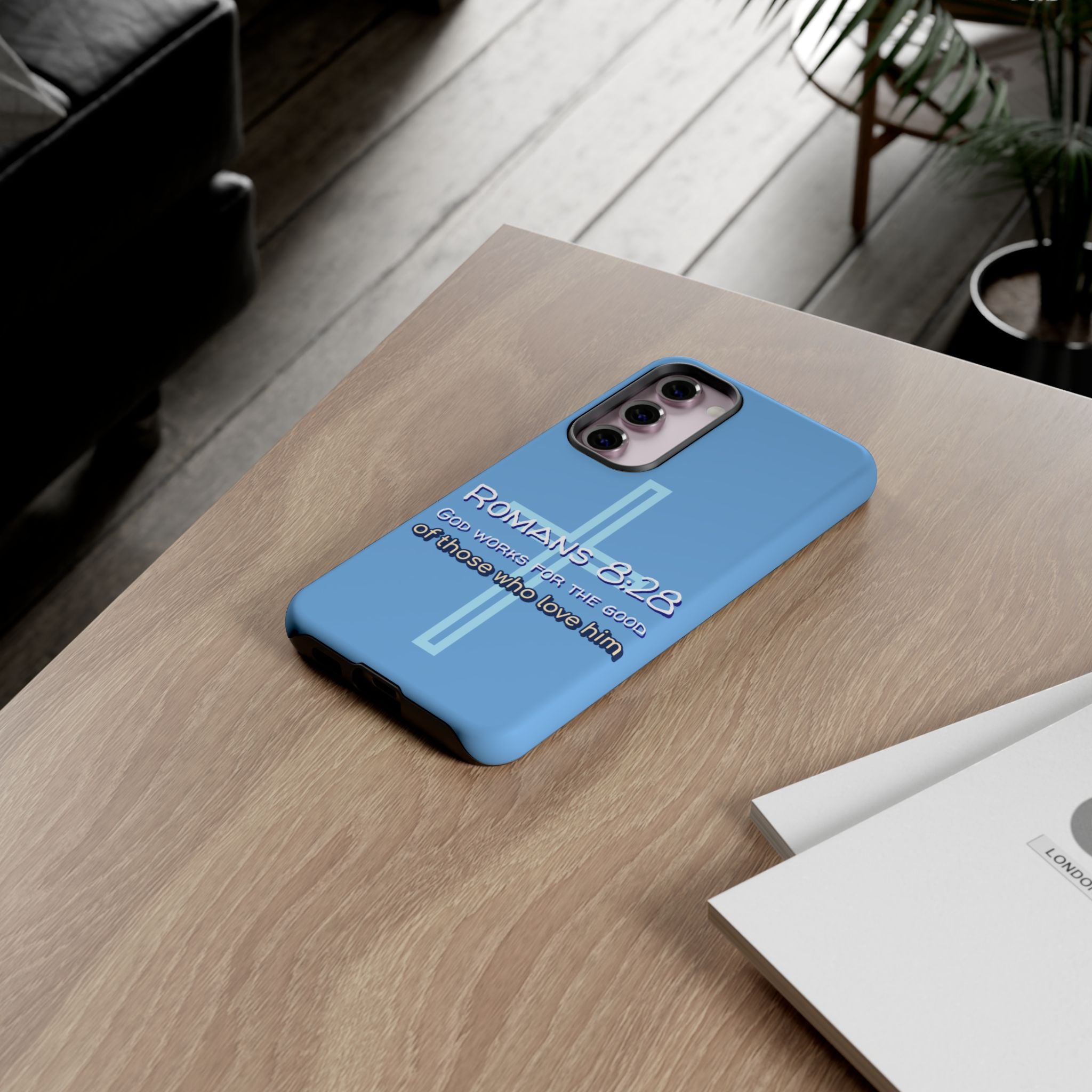 Light Blue Samsung series - Romans 8:28 God works for the Good of those who loves him. Samsung Series Tough Cases for Faith & Inspiration, Christian Gifts, Stylish Protection, Bible Verse Accessories