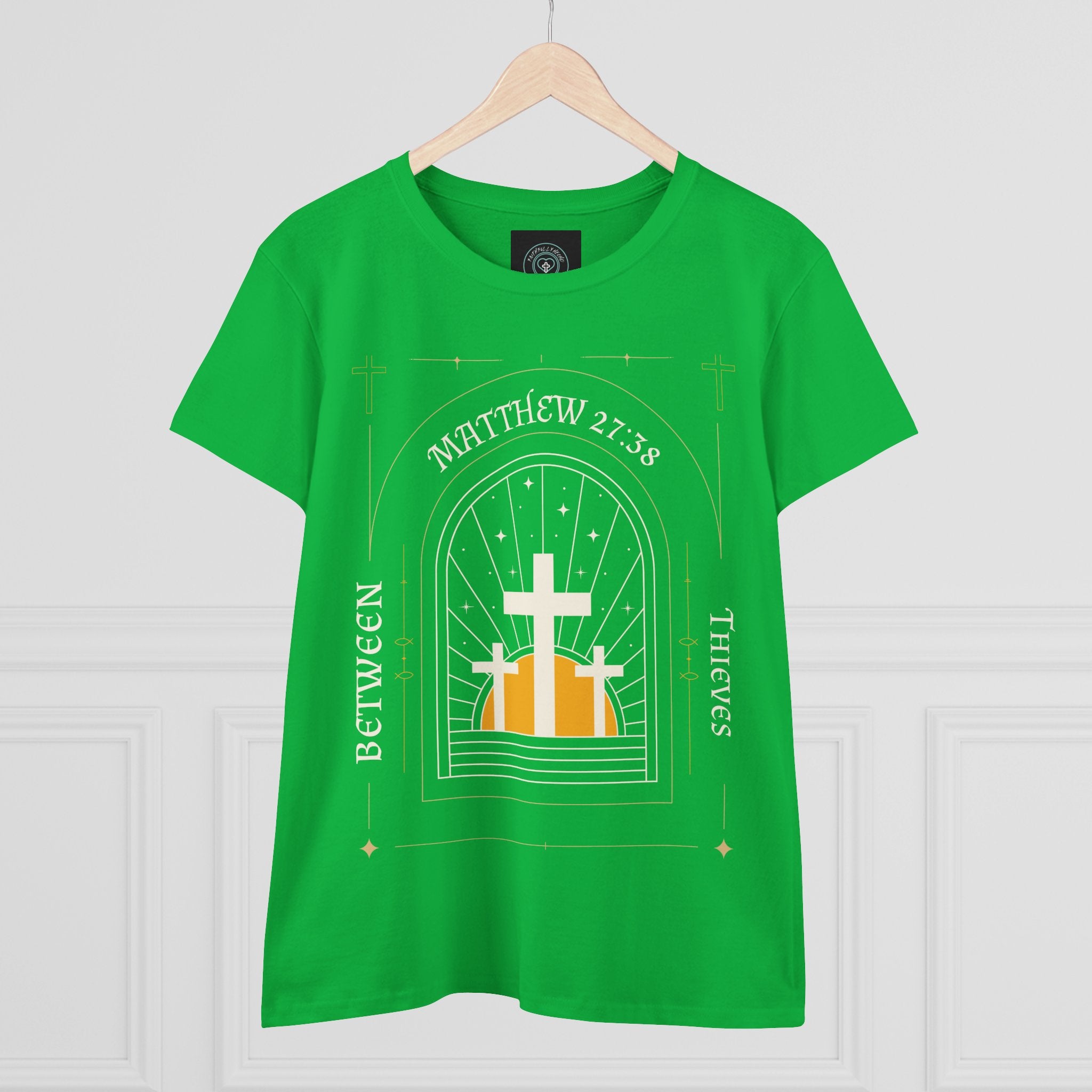 Women's Tee, Casual Faith Shirt semi fitted, Matthew 27:38 Affirmation Top, Godly Girl graphic Tee, Gift for Her - Between thieves.