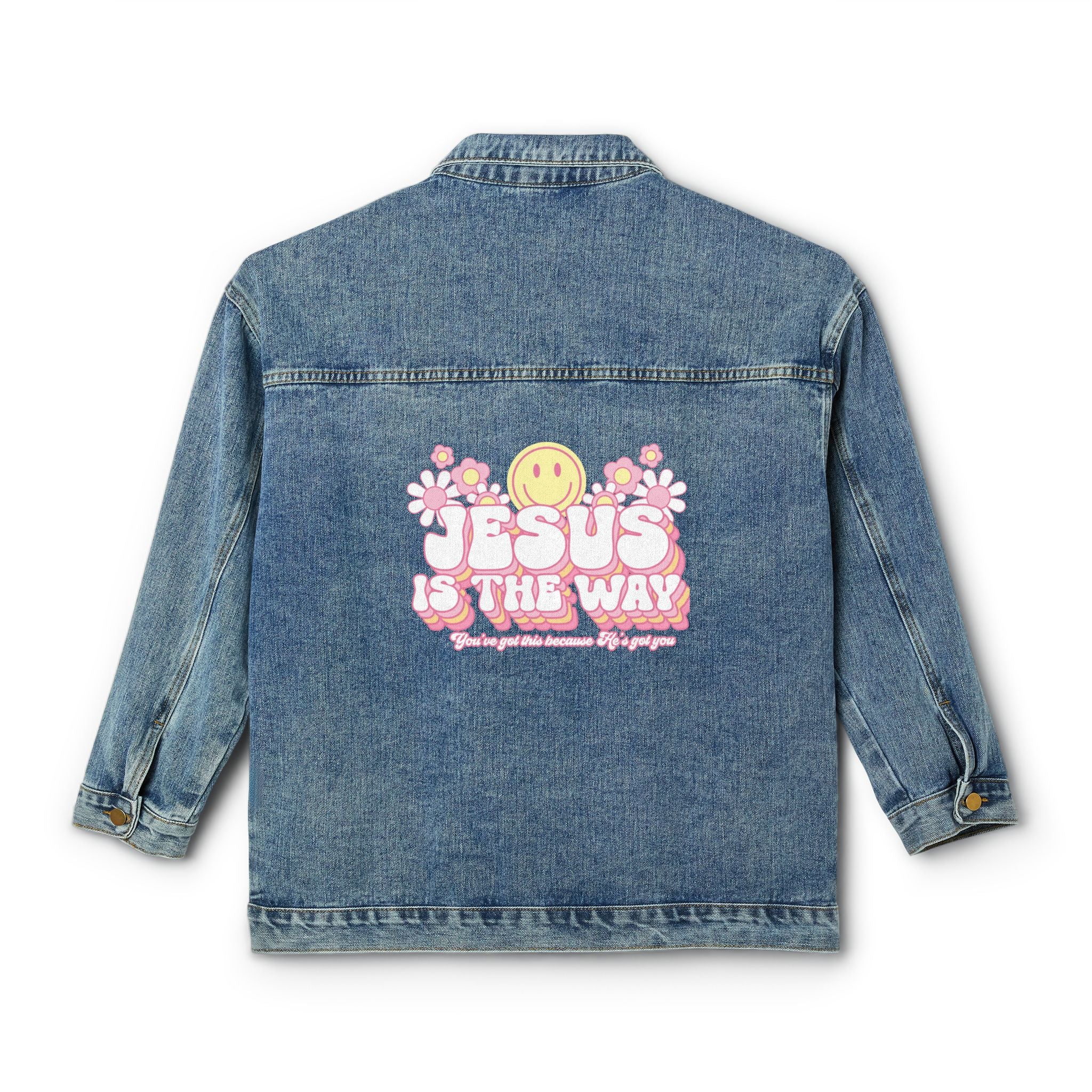 Trendy Women's Denim Jacket with 'Jesus is the Way' Design, Casual Spiritual Style, Gift for Faith Lovers, Spring Fashion, [...]