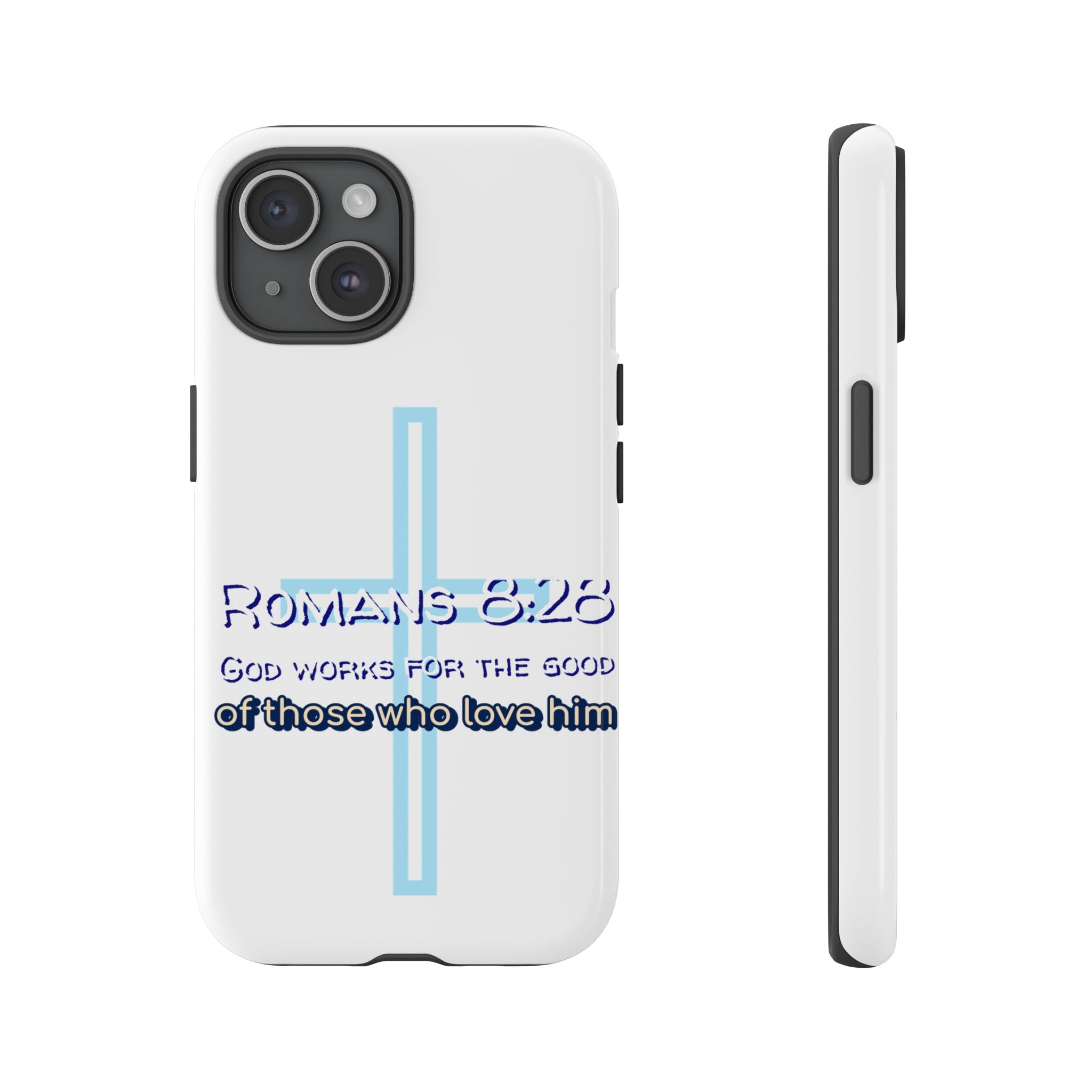 White Case of iPhone series -Romans 8:28 God works for the Good of those who loves him. Tough Cases for Faith & Inspiration, Christian Gifts, Stylish Protection, Bible Verse Accessories