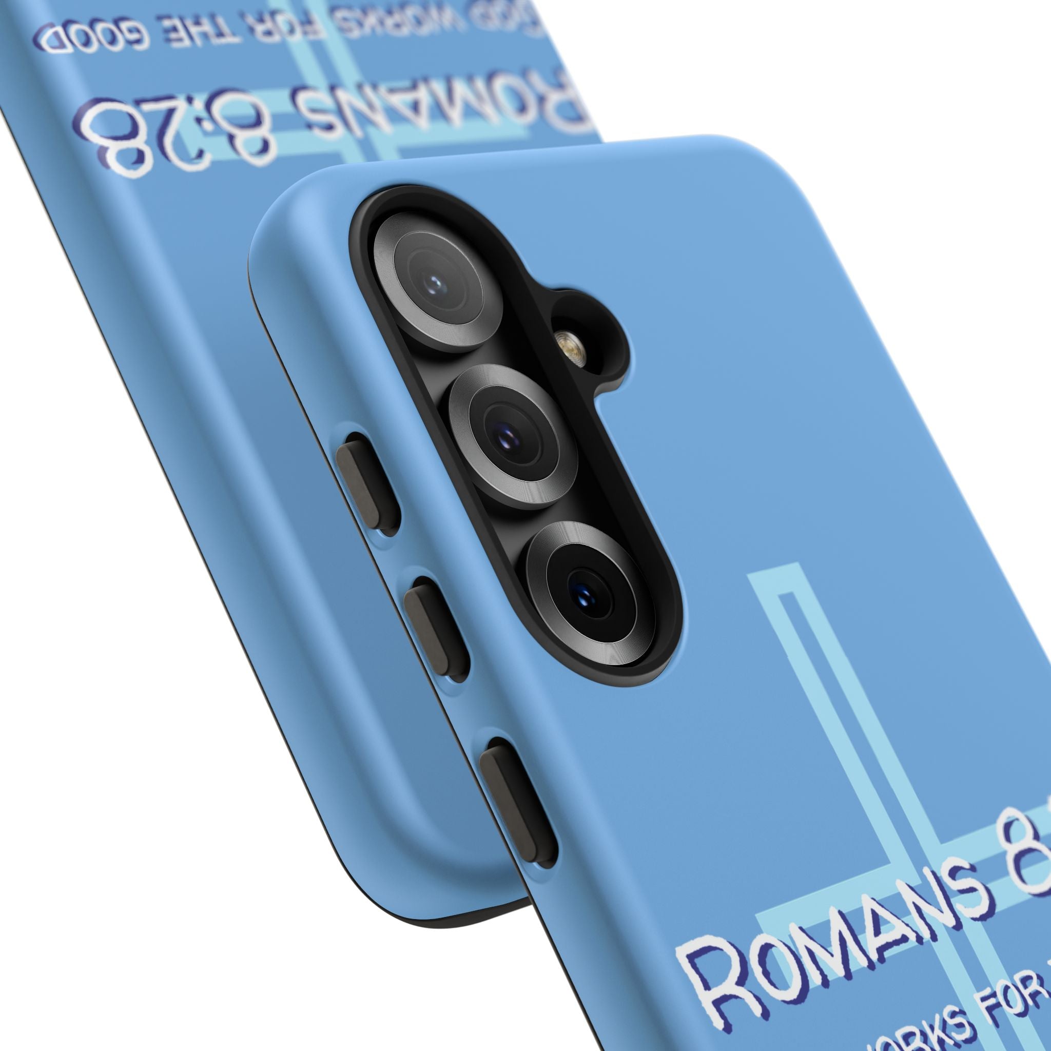 Light Blue Samsung series - Romans 8:28 God works for the Good of those who loves him. Samsung Series Tough Cases for Faith & Inspiration, Christian Gifts, Stylish Protection, Bible Verse Accessories
