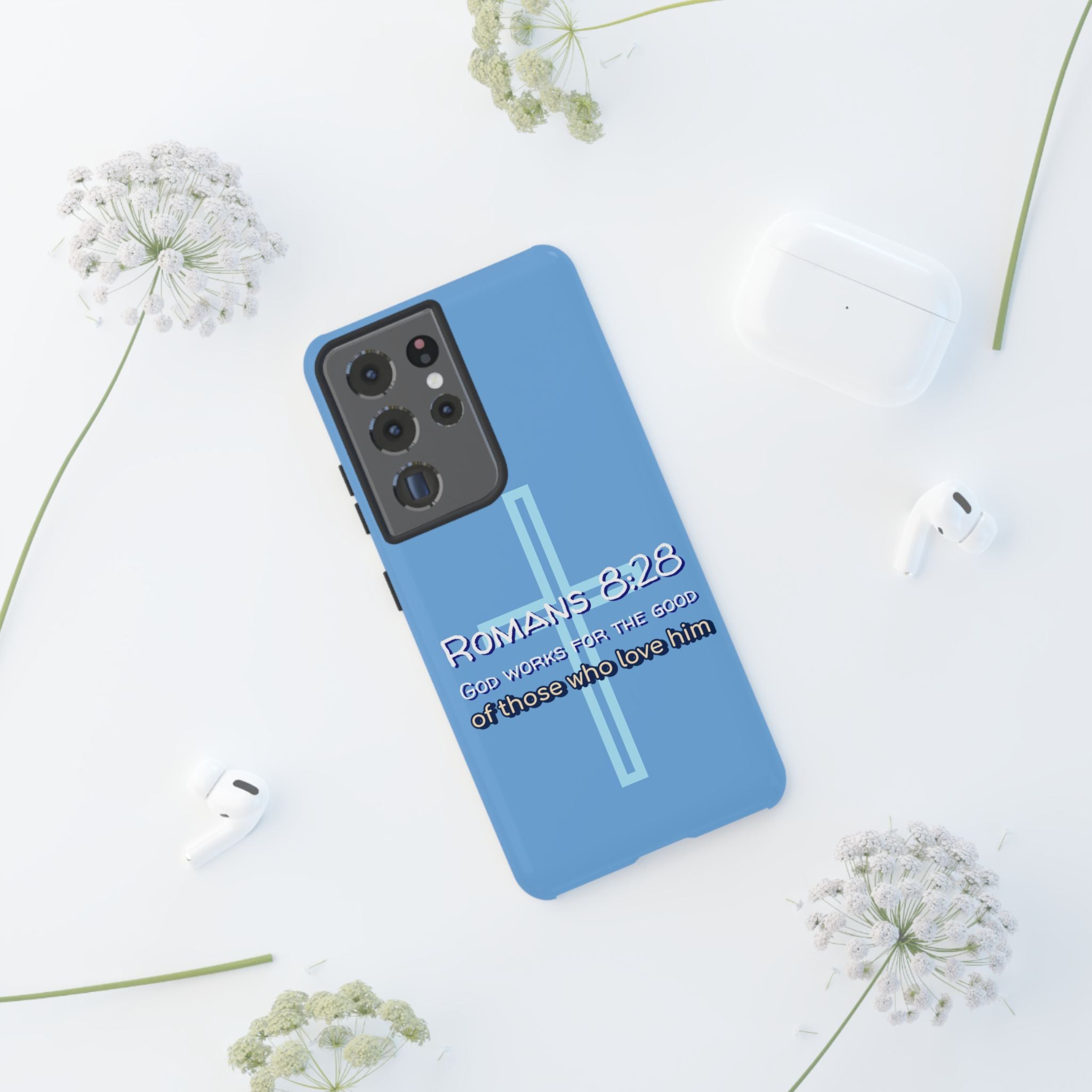 Light Blue Samsung series - Romans 8:28 God works for the Good of those who loves him. Samsung Series Tough Cases for Faith & Inspiration, Christian Gifts, Stylish Protection, Bible Verse Accessories