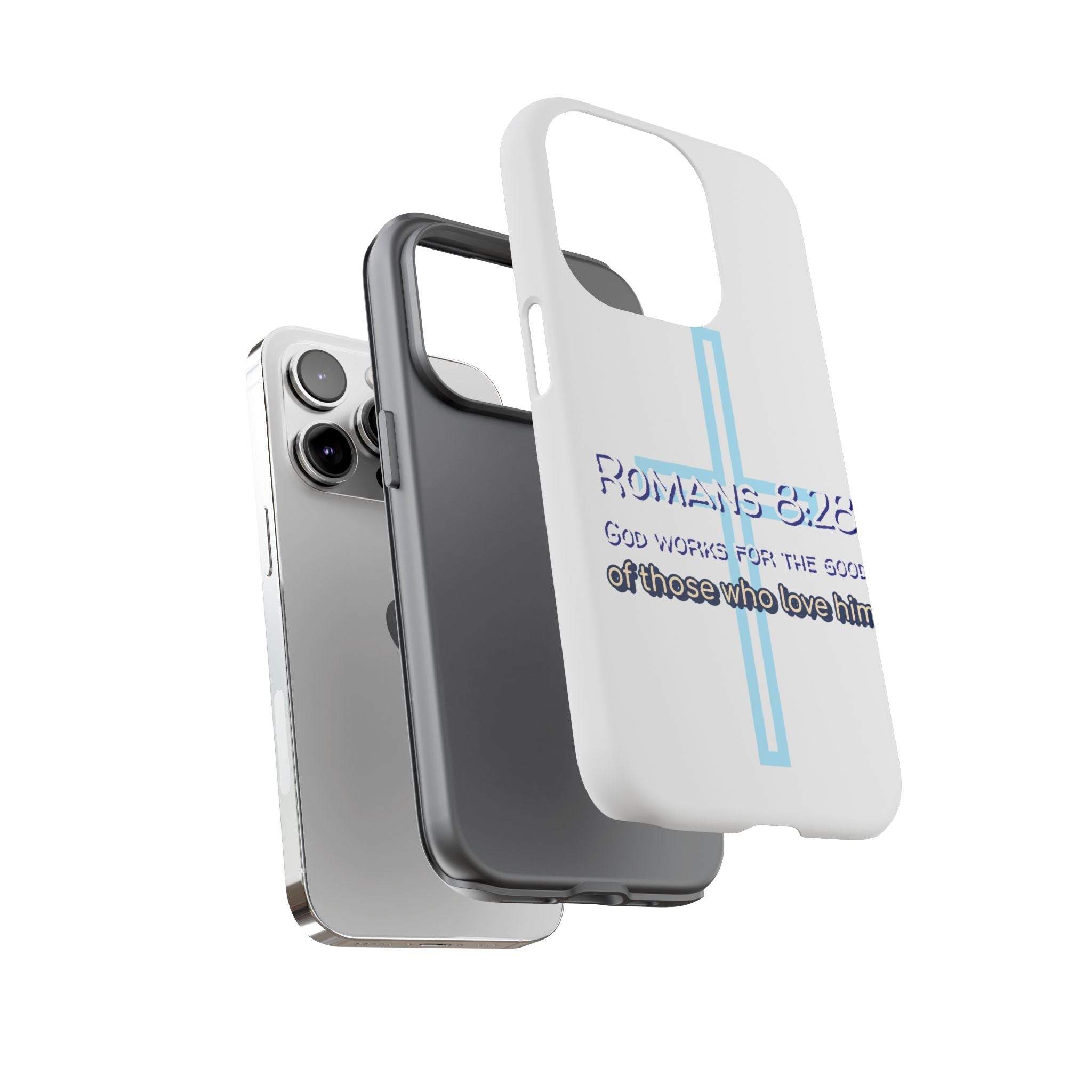 White Case of iPhone series -Romans 8:28 God works for the Good of those who loves him. Tough Cases for Faith & Inspiration, Christian Gifts, Stylish Protection, Bible Verse Accessories