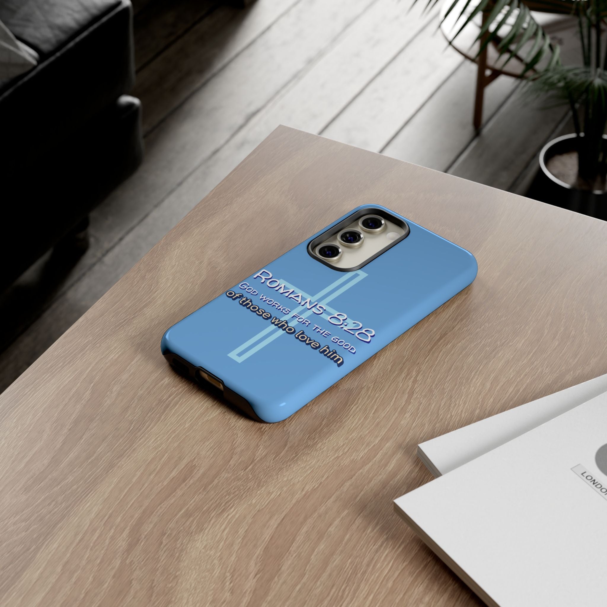 Light Blue Samsung series - Romans 8:28 God works for the Good of those who loves him. Samsung Series Tough Cases for Faith & Inspiration, Christian Gifts, Stylish Protection, Bible Verse Accessories