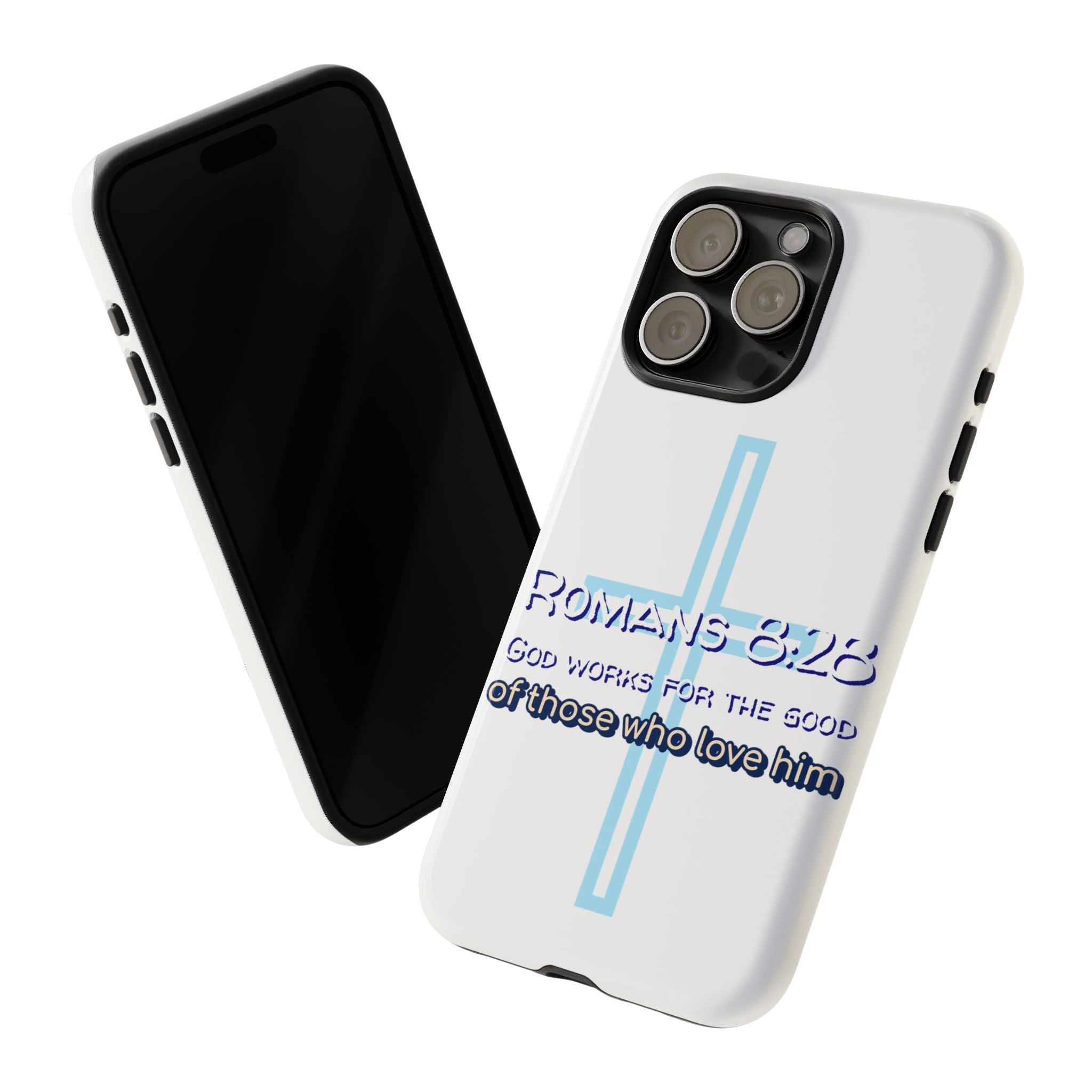 White Case of iPhone series -Romans 8:28 God works for the Good of those who loves him. Tough Cases for Faith & Inspiration, Christian Gifts, Stylish Protection, Bible Verse Accessories