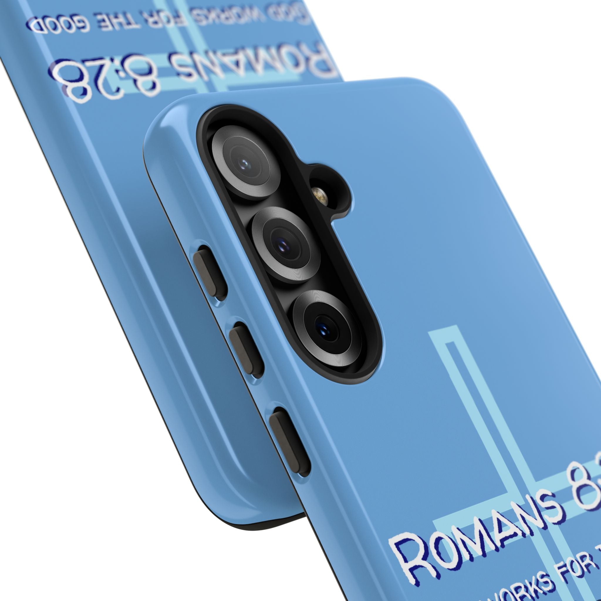 Light Blue Samsung series - Romans 8:28 God works for the Good of those who loves him. Samsung Series Tough Cases for Faith & Inspiration, Christian Gifts, Stylish Protection, Bible Verse Accessories