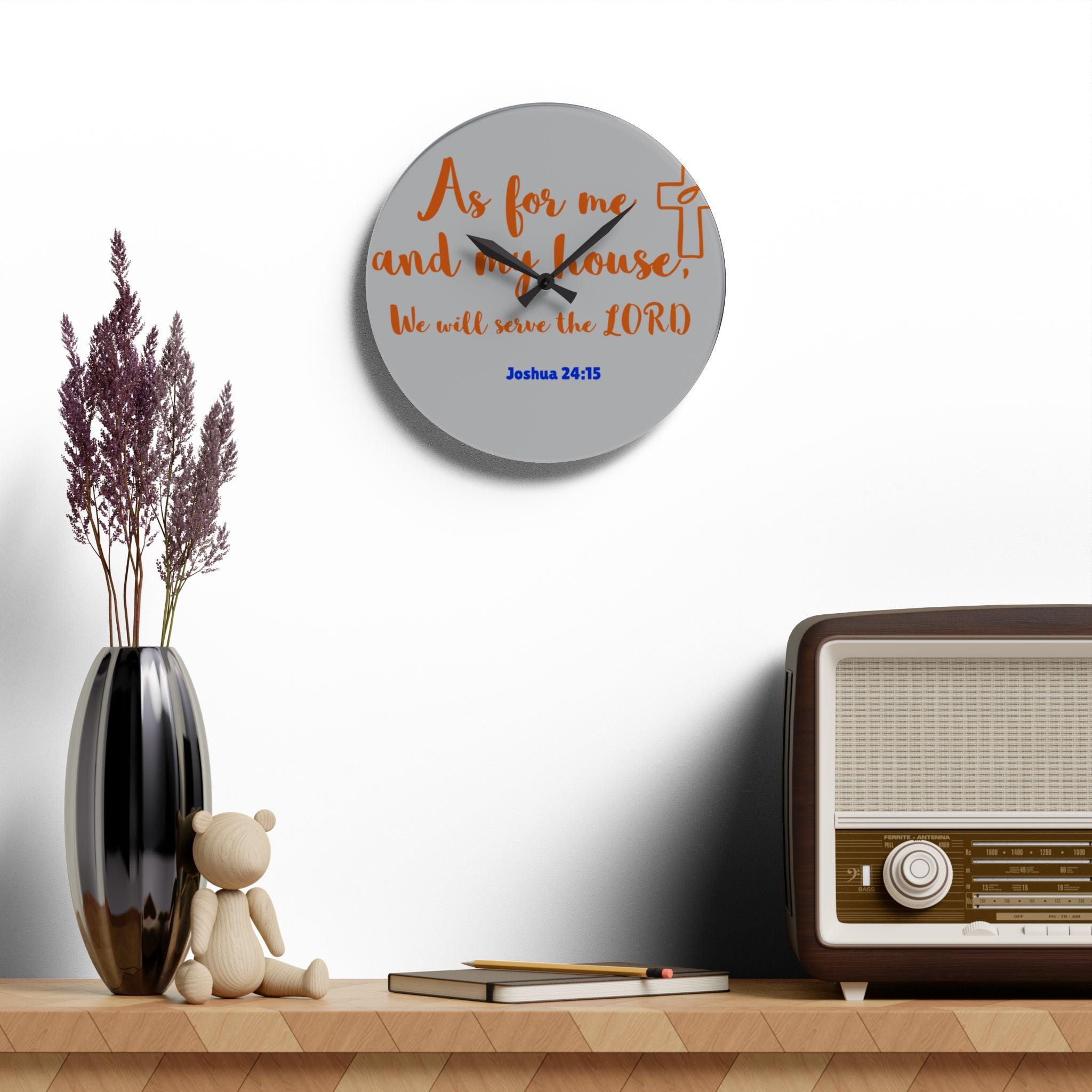 Religious Acrylic Wall Clock light gray face - Inspirational Home Decor, Faith Gift, Wall Art, Christian Clock, Housewarming Gift, Joshua 24:15
