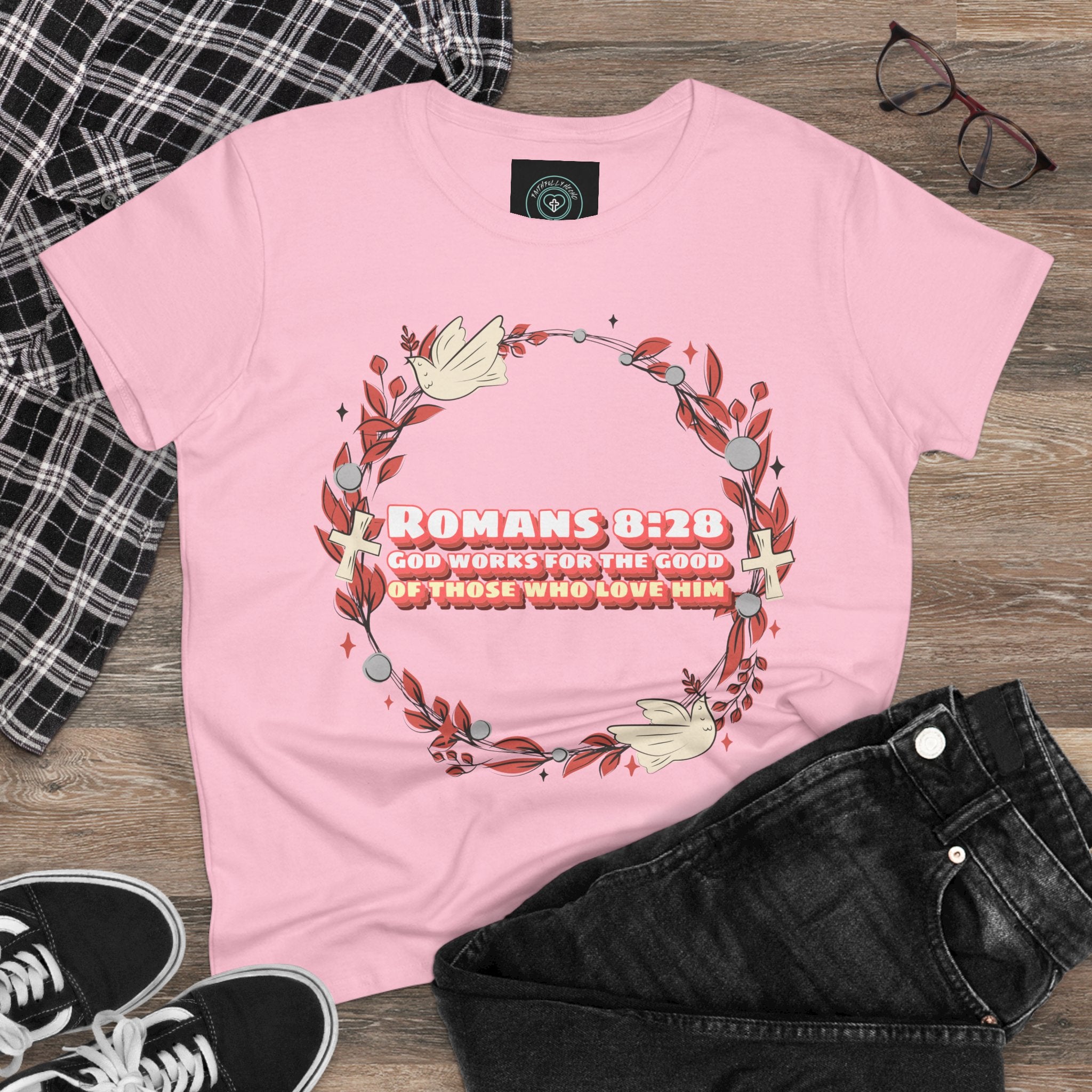 Romans 828 Jesus Women's Tee, Casual Faith Shirt, Everyday Affirmation Top, God works for the good graphic Tee, Gift for Her