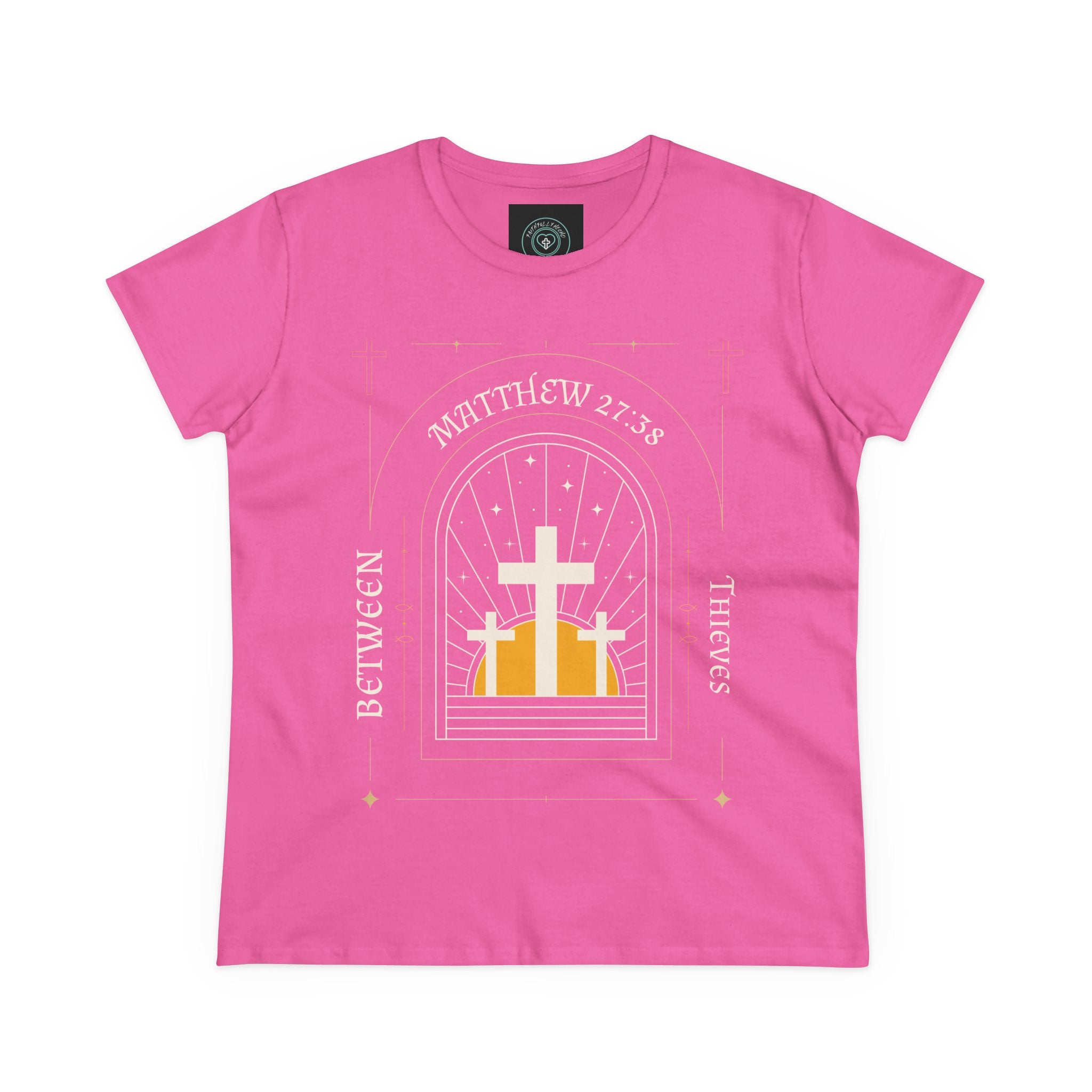 Women's Tee, Casual Faith Shirt semi fitted, Matthew 27:38 Affirmation Top, Godly Girl graphic Tee, Gift for Her - Between thieves.