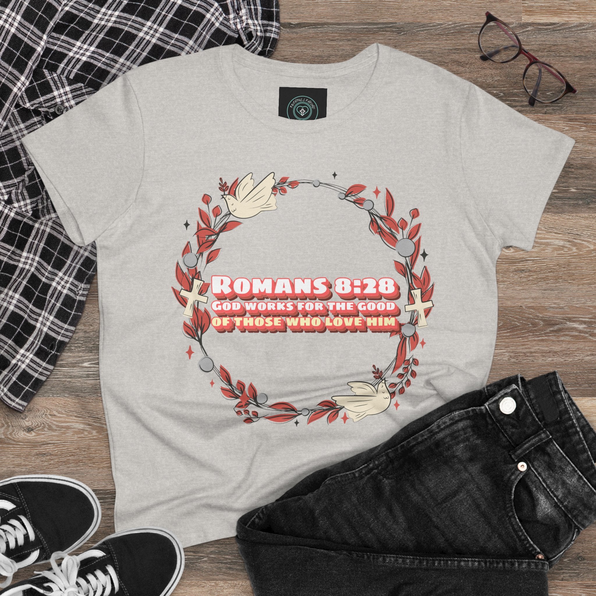 Romans 828 Jesus Women's Tee, Casual Faith Shirt, Everyday Affirmation Top, God works for the good graphic Tee, Gift for Her