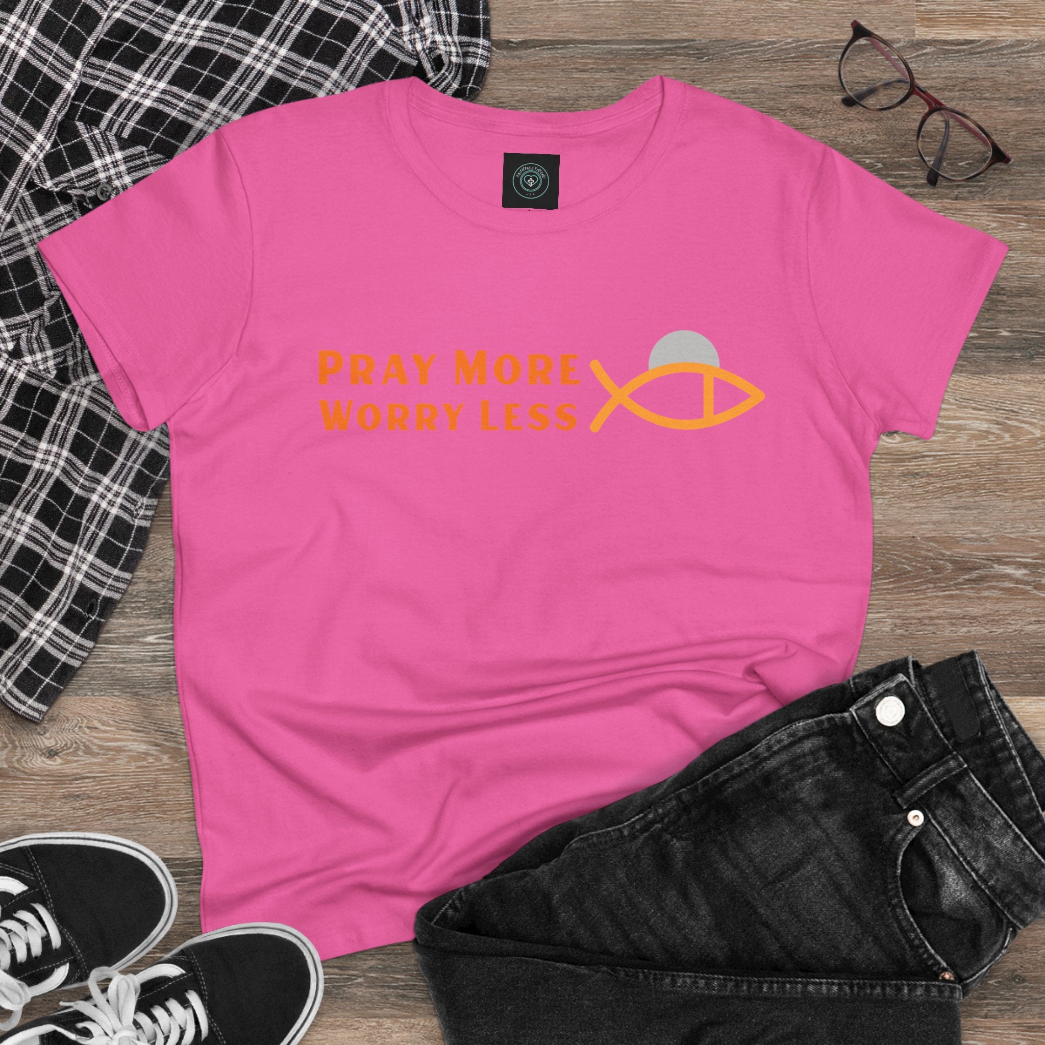 Cotton Tee for Ladies - Pray More Worry Less - Semi-fitted