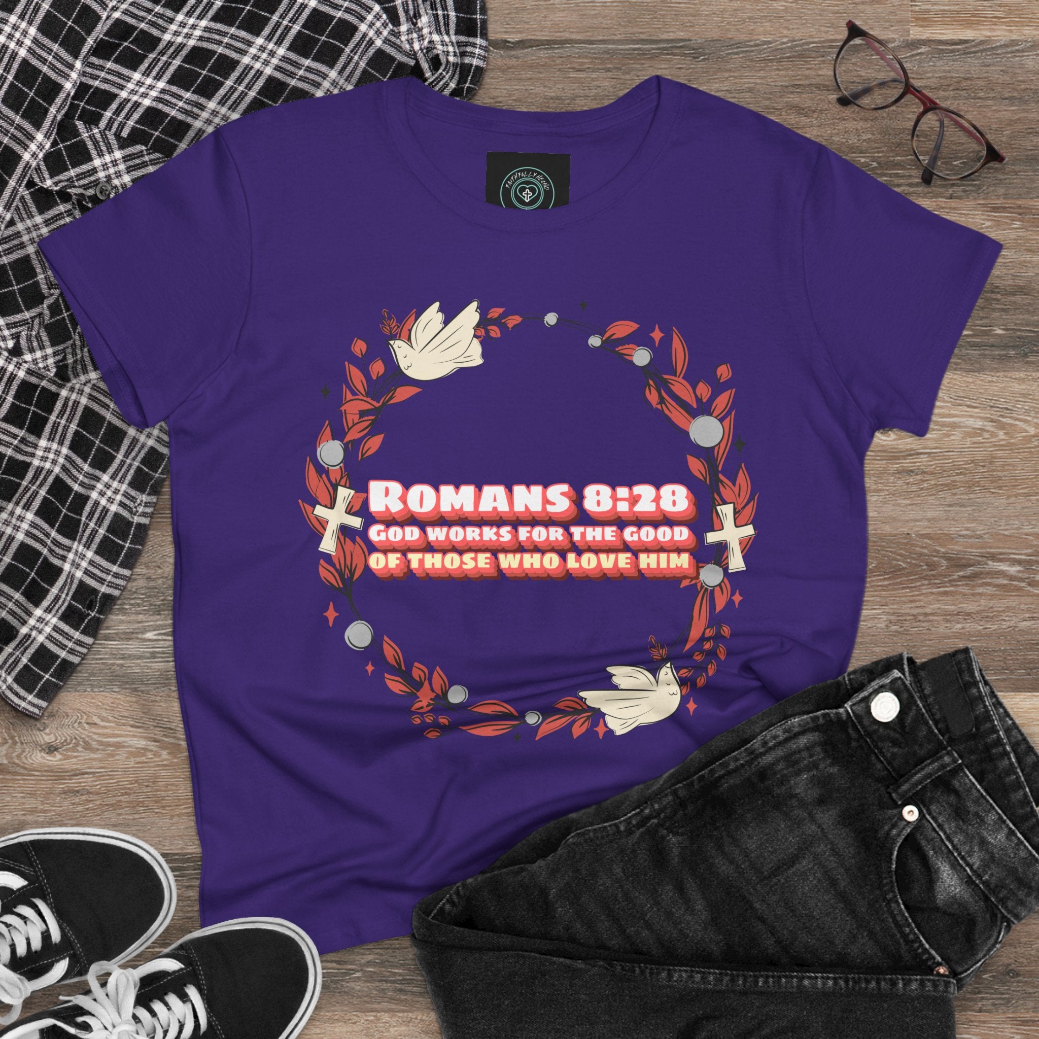 Romans 828 Jesus Women's Tee, Casual Faith Shirt, Everyday Affirmation Top, God works for the good graphic Tee, Gift for Her
