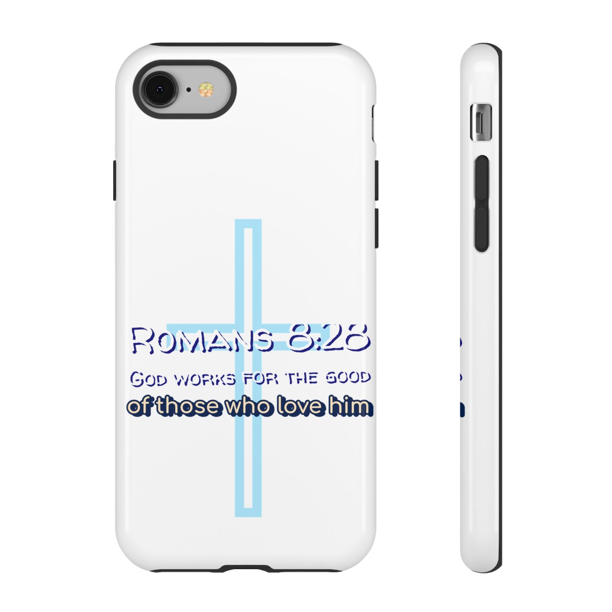 White Case of iPhone series -Romans 8:28 God works for the Good of those who loves him. Tough Cases for Faith & Inspiration, Christian Gifts, Stylish Protection, Bible Verse Accessories