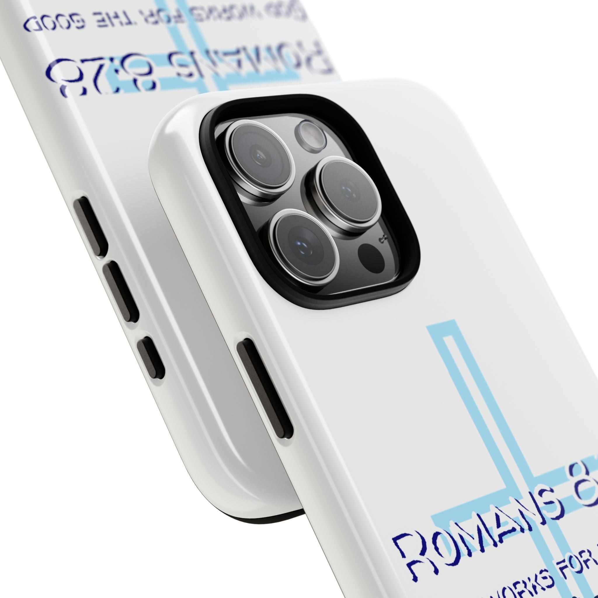 White Case of iPhone series -Romans 8:28 God works for the Good of those who loves him. Tough Cases for Faith & Inspiration, Christian Gifts, Stylish Protection, Bible Verse Accessories