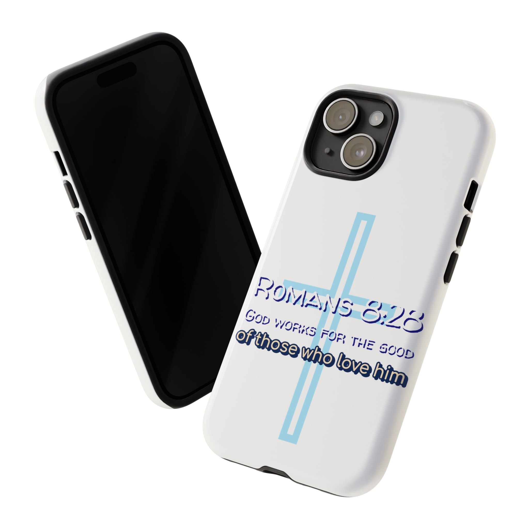 White Case of iPhone series -Romans 8:28 God works for the Good of those who loves him. Tough Cases for Faith & Inspiration, Christian Gifts, Stylish Protection, Bible Verse Accessories