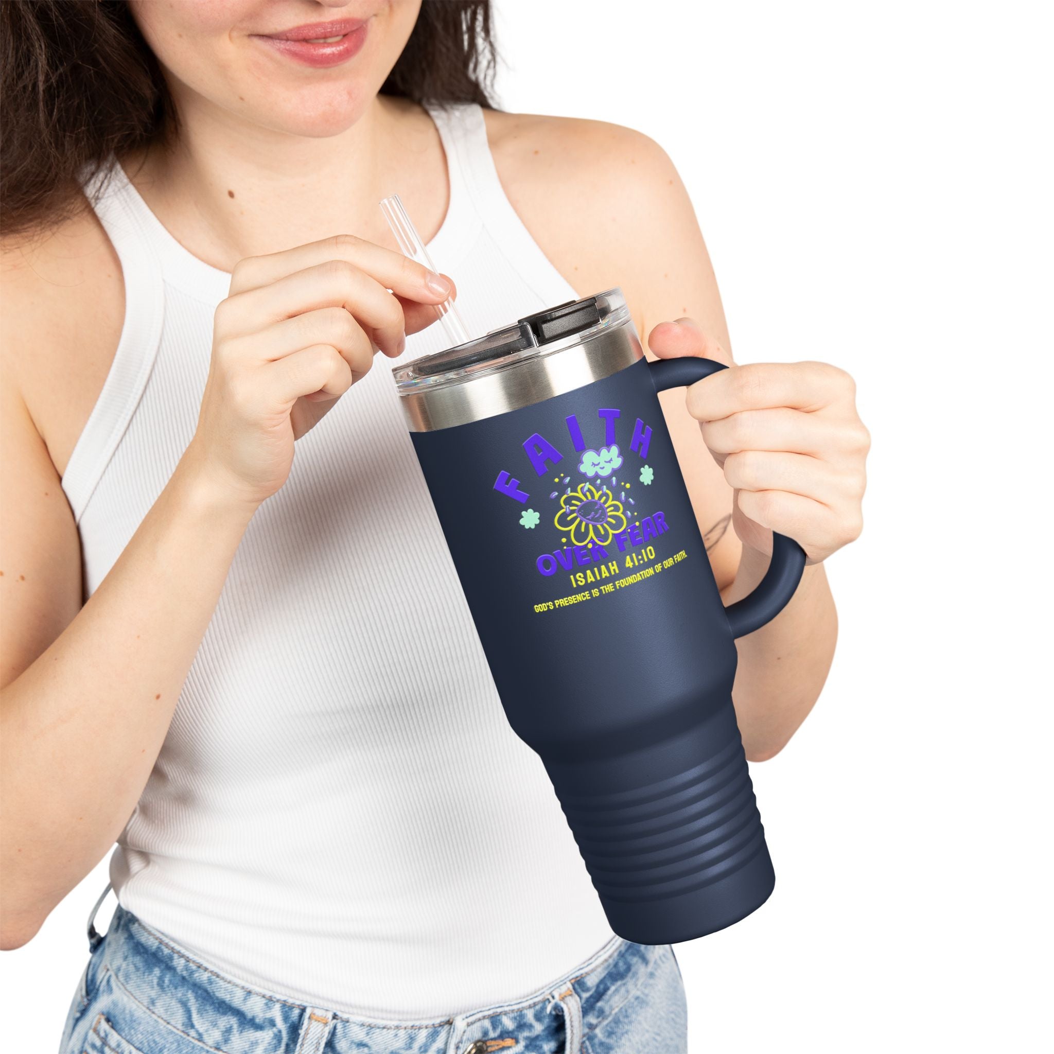 Personalized Inspirational Insulated Travel Mug Faith over Fear, Motivational Drinkware, 40oz Tumbler for Teens, Church Gift, Birthdays, Graduation