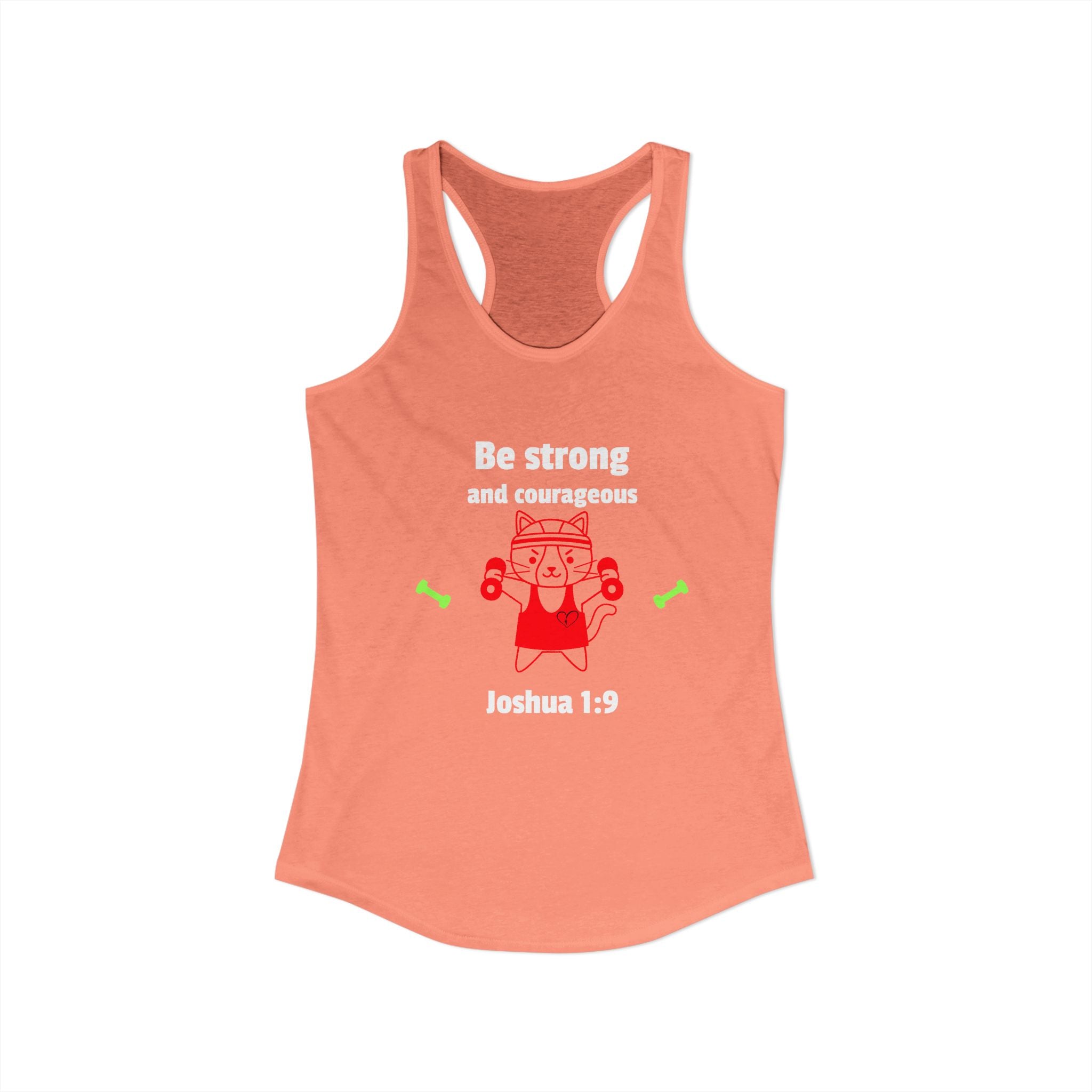 Workout Tank Top, Motivational Gym Wear Be Strong and Courageous, workout tank cat lifting, Fitness Apparel, Women's Racerback, Biblical Quote Top