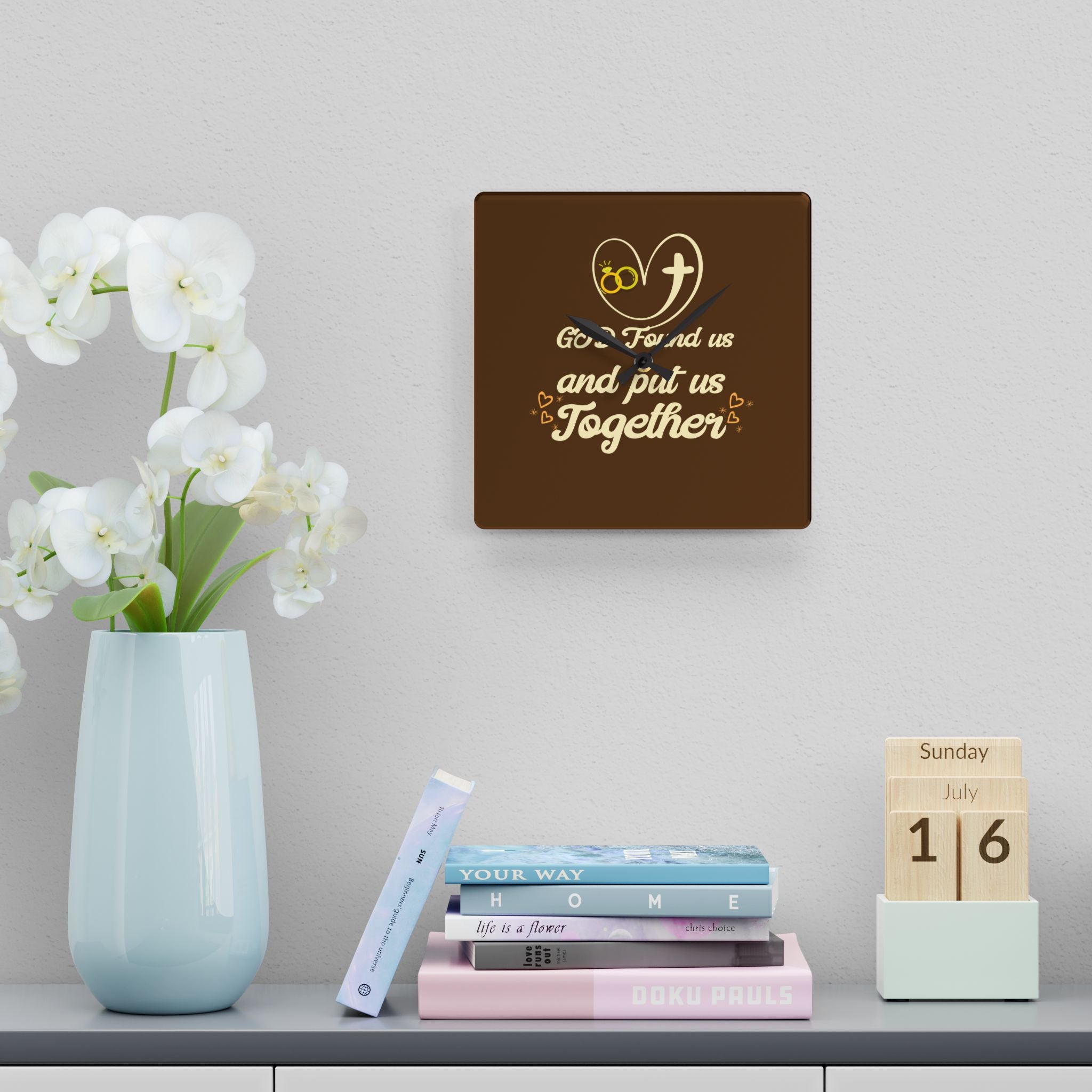 Personalize Couples Acrylic Wall Clock brown face - 'God Found Us and Put Us Together' - Perfect Gift for Weddings, Anniversaries, Bridal, Home Décor.