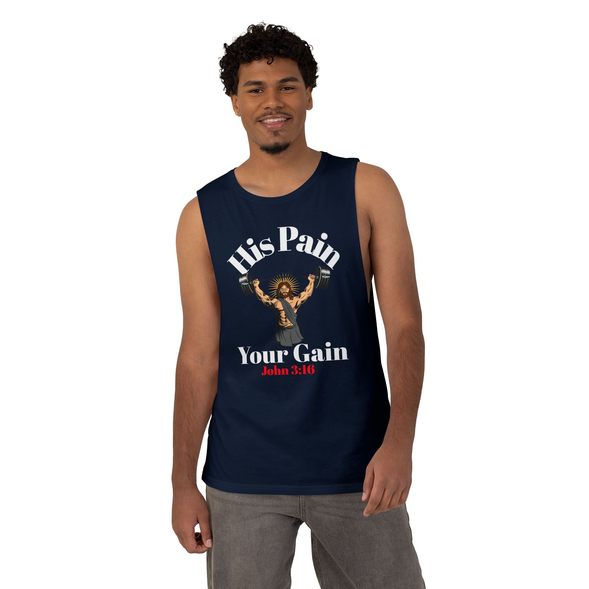 His Pain, Your Gain – Christian Workout Tank – Unisex Faith & Fitness Gym Apparel- Gym Summer - Faithfully Hecho