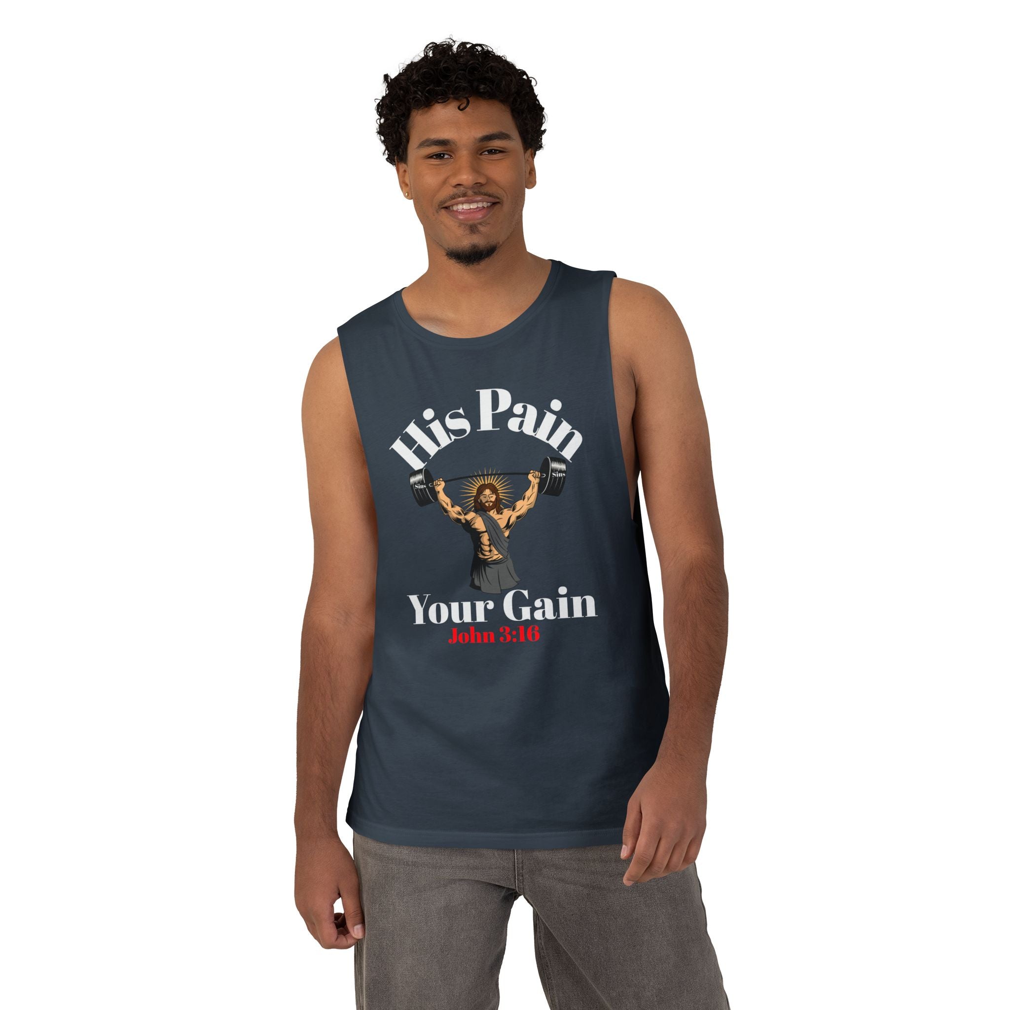His Pain, Your Gain – Christian Workout Tank – Unisex Faith & Fitness Gym Apparel- Gym Summer - Faithfully Hecho
