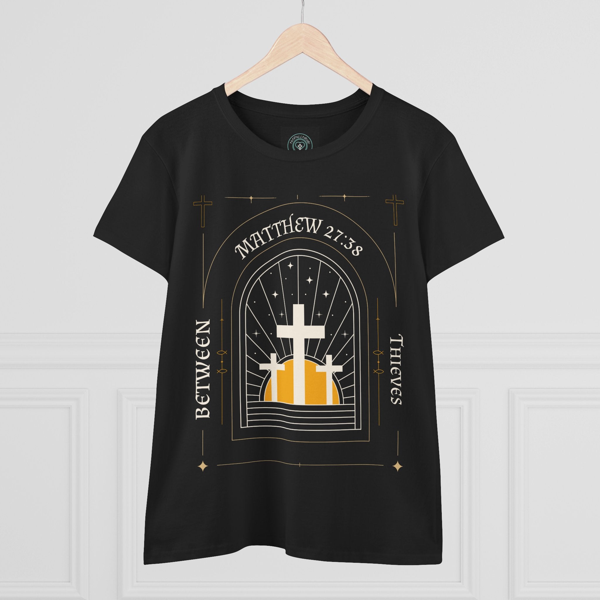 Women's Tee, Casual Faith Shirt semi fitted, Matthew 27:38 Affirmation Top, Godly Girl graphic Tee, Gift for Her - Between thieves.