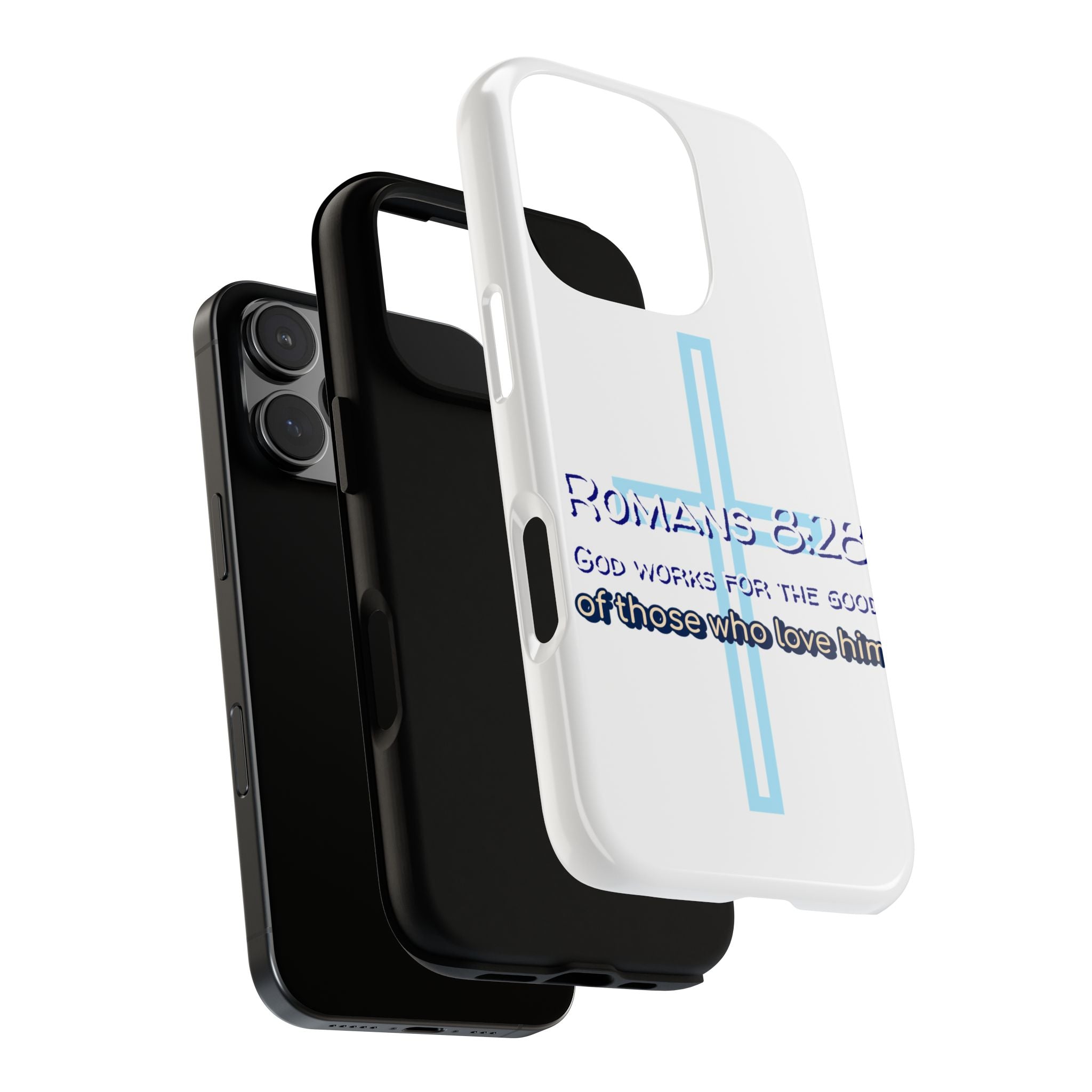 White Case of iPhone series -Romans 8:28 God works for the Good of those who loves him. Tough Cases for Faith & Inspiration, Christian Gifts, Stylish Protection, Bible Verse Accessories