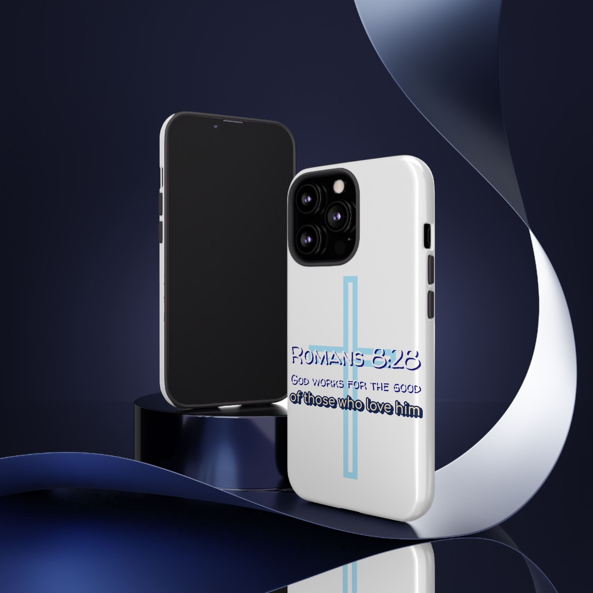 White Case of iPhone series -Romans 8:28 God works for the Good of those who loves him. Tough Cases for Faith & Inspiration, Christian Gifts, Stylish Protection, Bible Verse Accessories