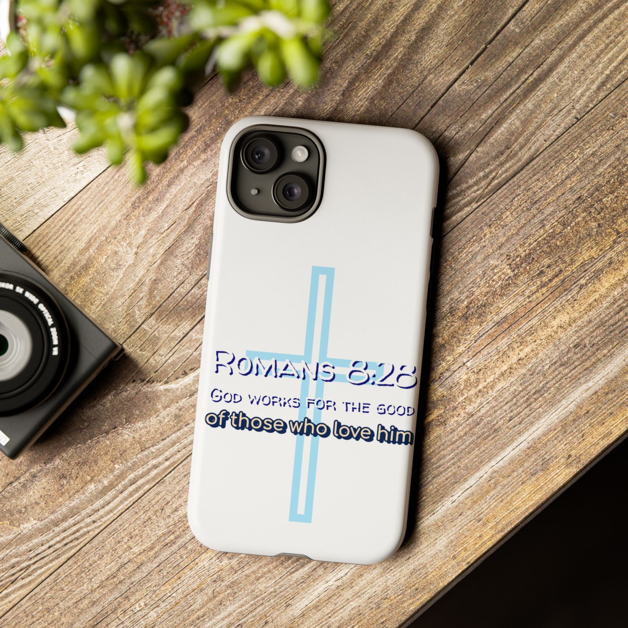 White Case of iPhone series -Romans 8:28 God works for the Good of those who loves him. Tough Cases for Faith & Inspiration, Christian Gifts, Stylish Protection, Bible Verse Accessories