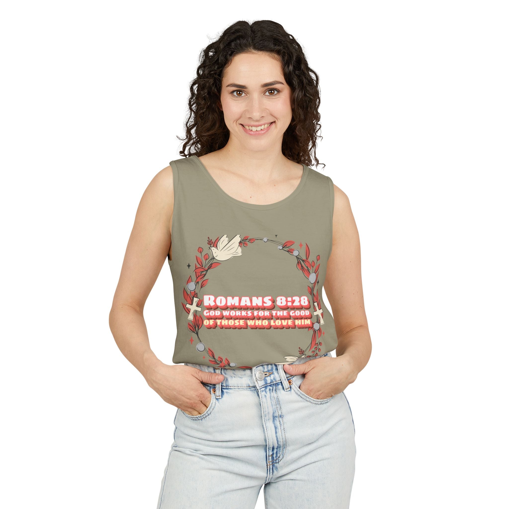 Faith-Inspired Tank Top, ROMANS 8:28, Summer Essential, Religious Gift, Casual Wear, Christian Apparel