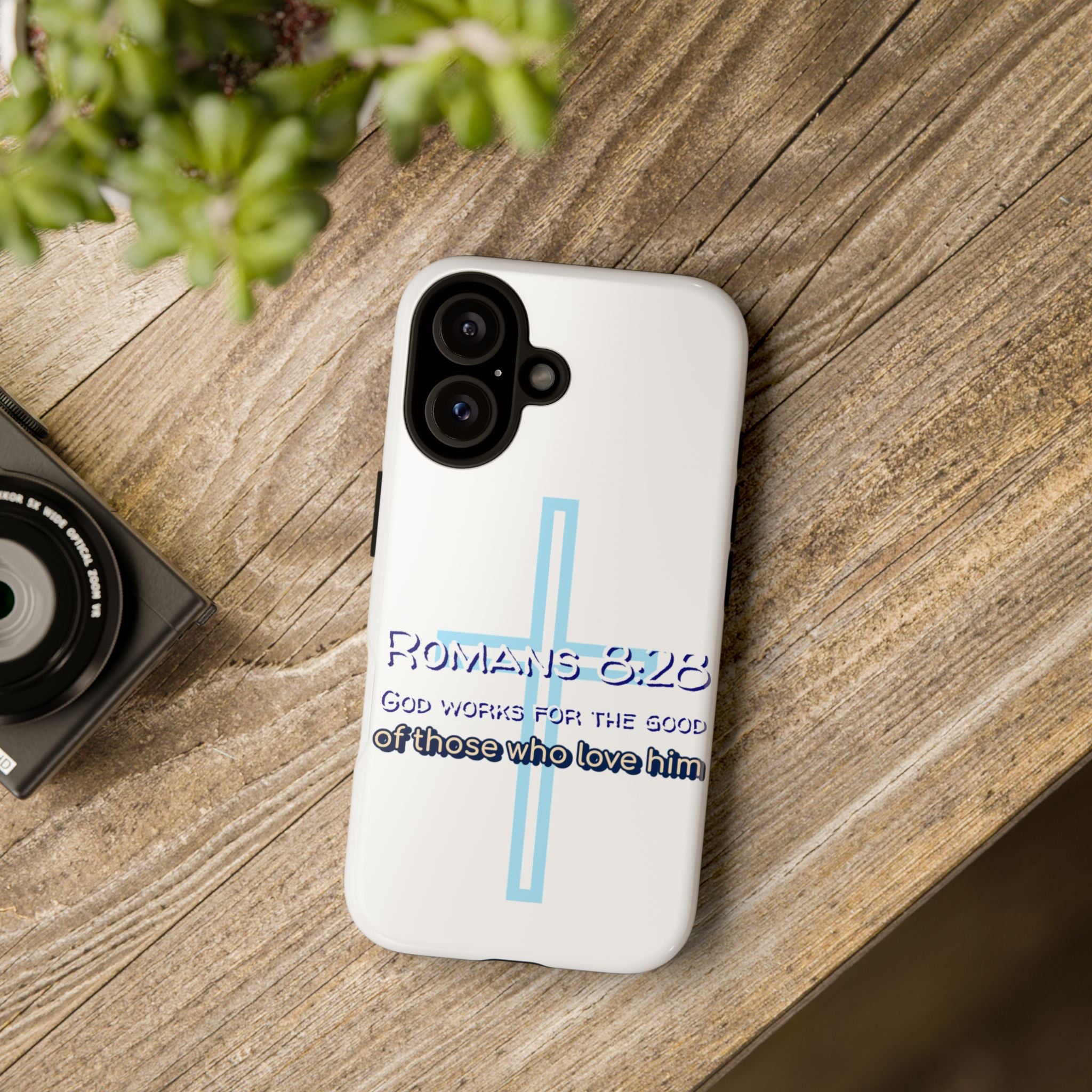 White Case of iPhone series -Romans 8:28 God works for the Good of those who loves him. Tough Cases for Faith & Inspiration, Christian Gifts, Stylish Protection, Bible Verse Accessories