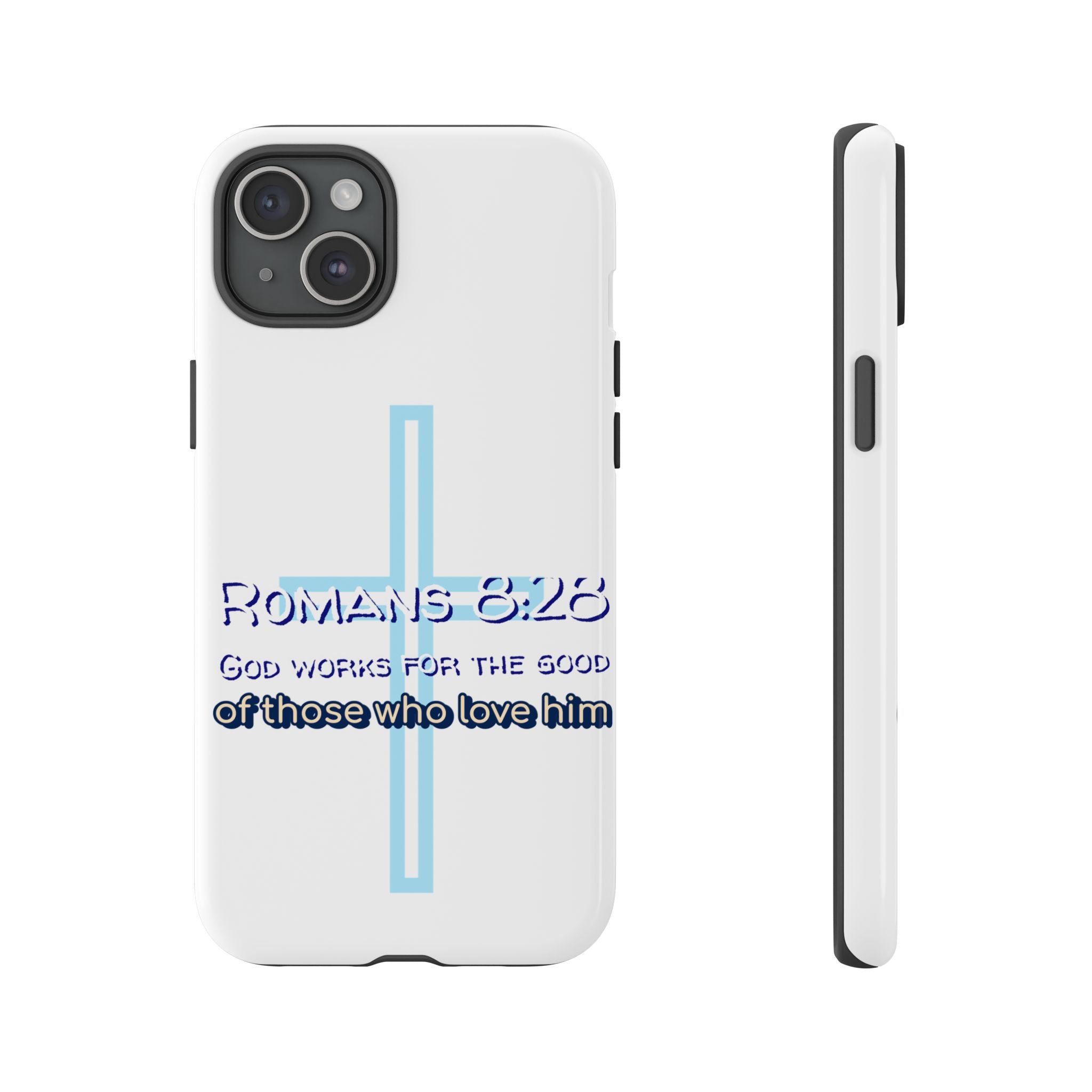 White Case of iPhone series -Romans 8:28 God works for the Good of those who loves him. Tough Cases for Faith & Inspiration, Christian Gifts, Stylish Protection, Bible Verse Accessories