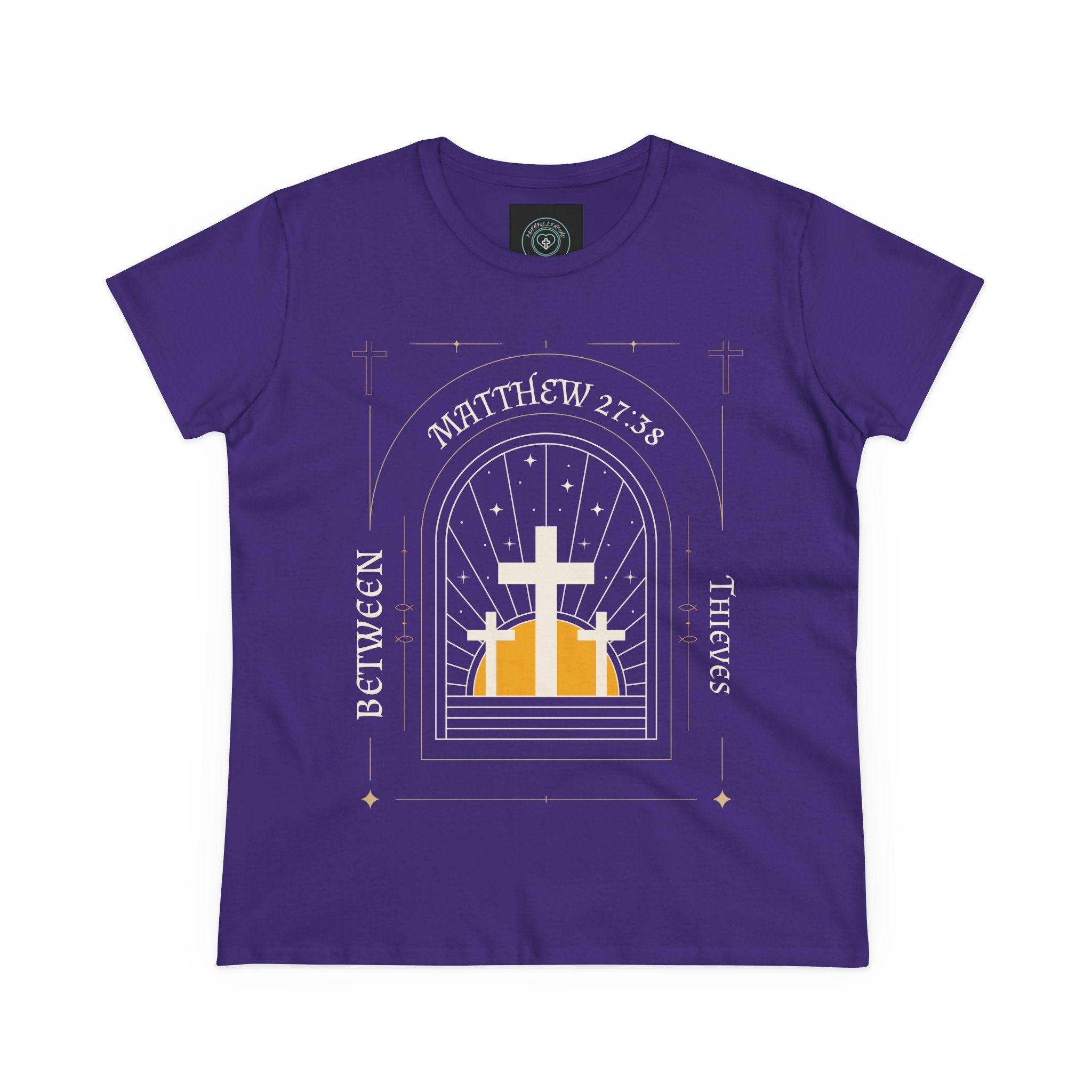 Women's Tee, Casual Faith Shirt semi fitted, Matthew 27:38 Affirmation Top, Godly Girl graphic Tee, Gift for Her - Between thieves.