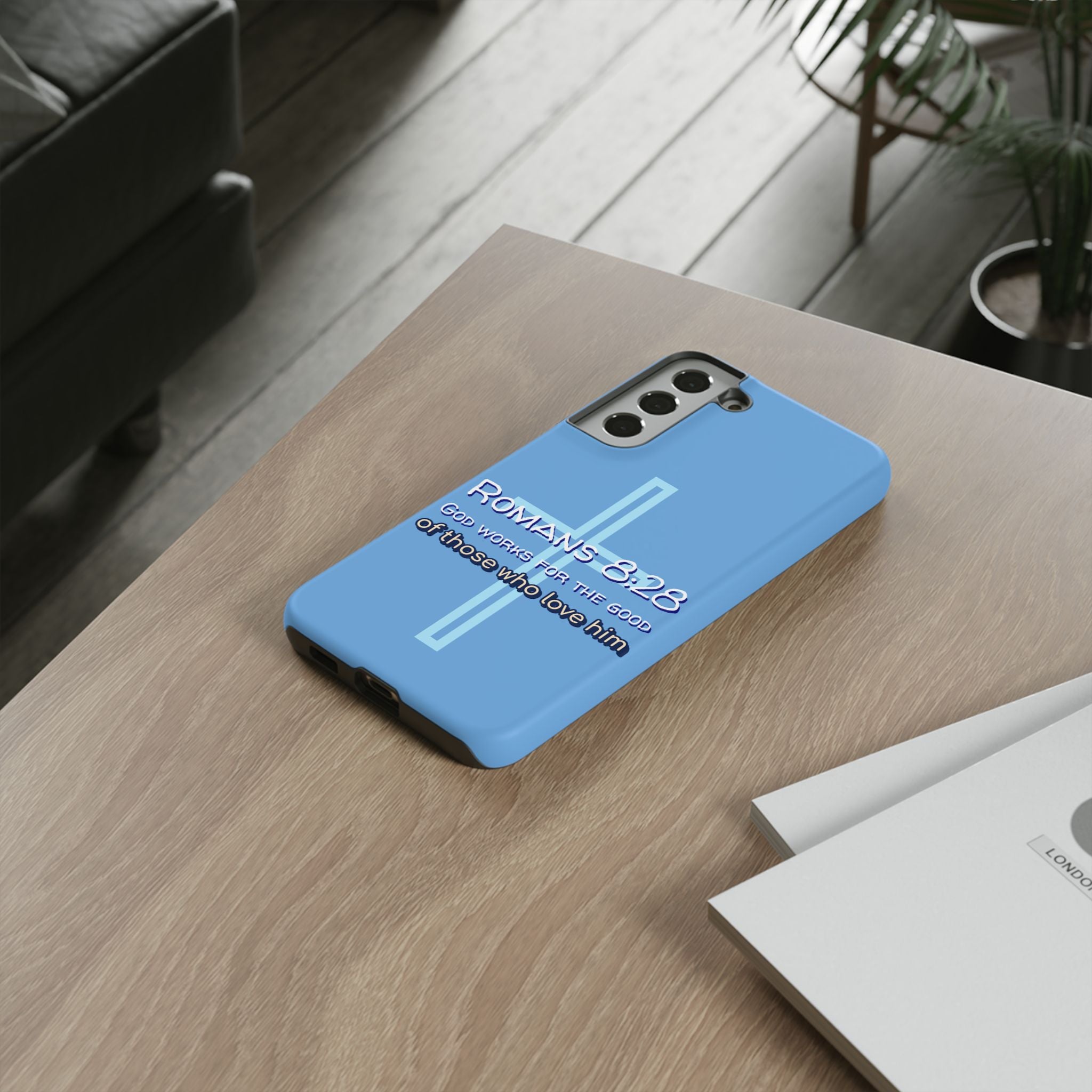 Light Blue Samsung series - Romans 8:28 God works for the Good of those who loves him. Samsung Series Tough Cases for Faith & Inspiration, Christian Gifts, Stylish Protection, Bible Verse Accessories