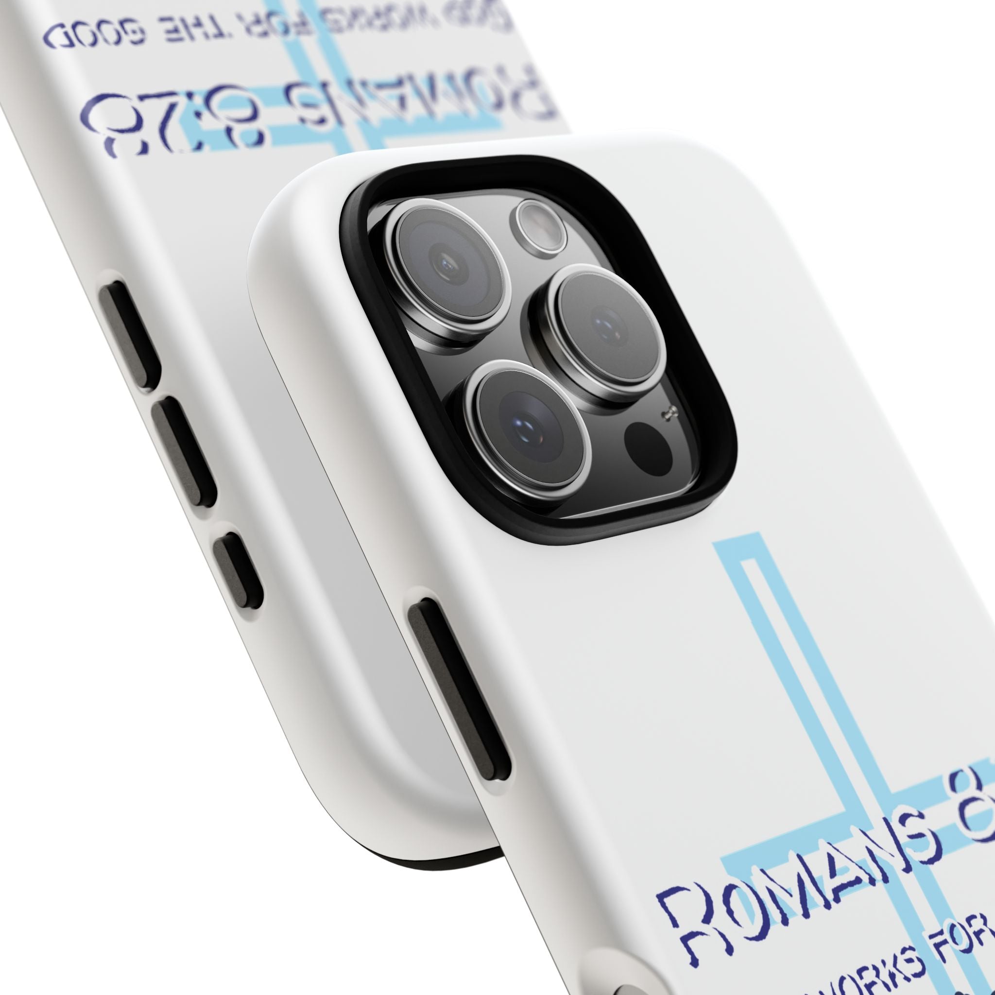White Case of iPhone series -Romans 8:28 God works for the Good of those who loves him. Tough Cases for Faith & Inspiration, Christian Gifts, Stylish Protection, Bible Verse Accessories