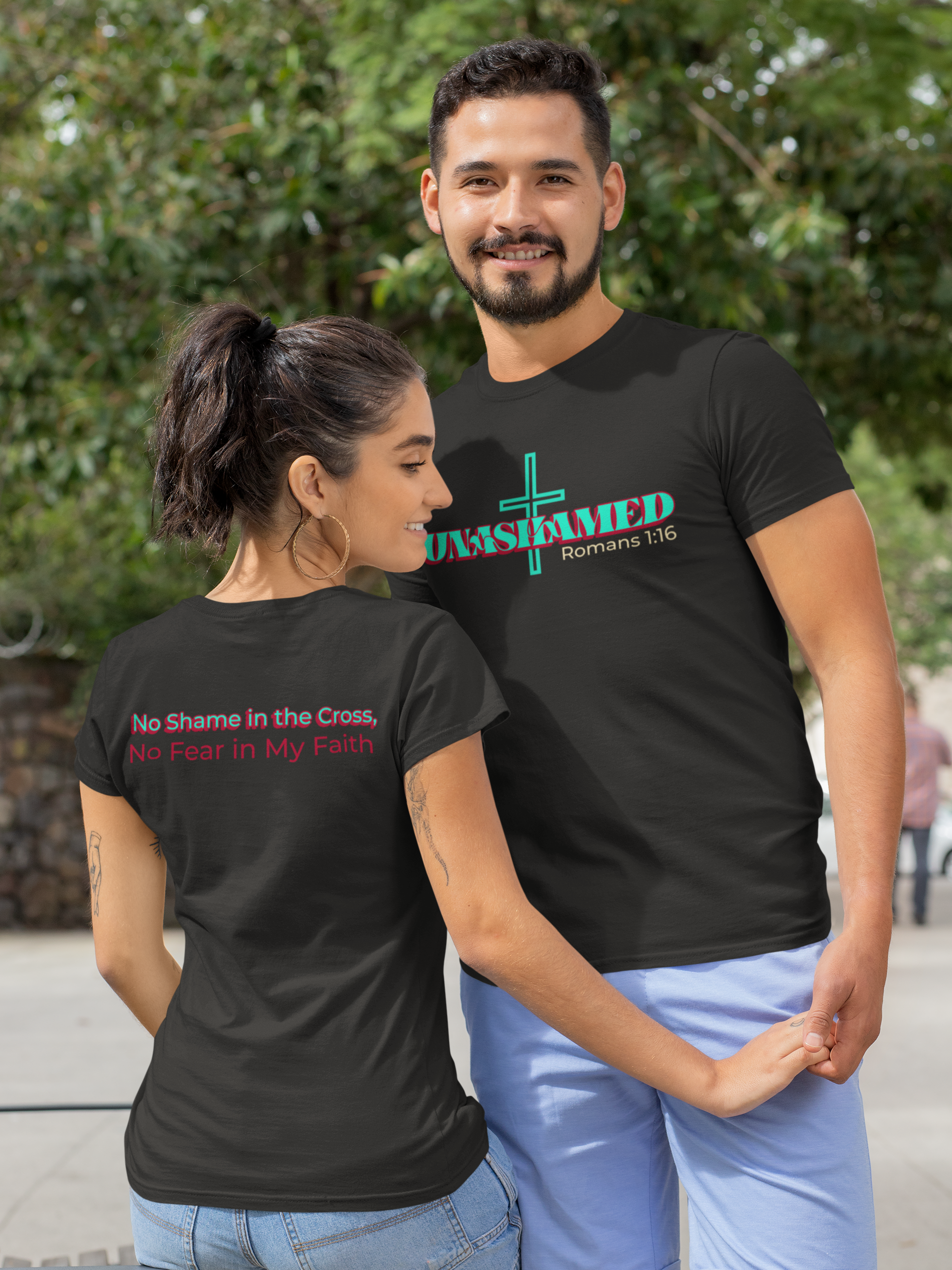 Unisex Inspirational Faith Tee - No Shame in the Cross, Casual Comfort, Christian Apparel, Gift for Believers. Front and back desing.