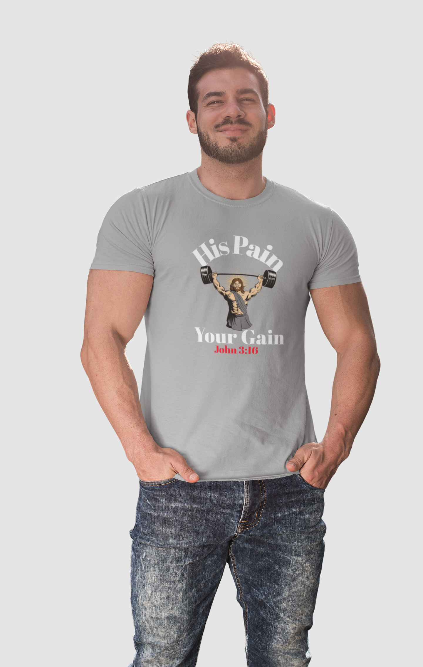 Christian T-Shirt - 'His Pain, Your Gain" Unisex. Inspired on Gospel John 3:16...  Great for Gym, Church, Family, Couples...
