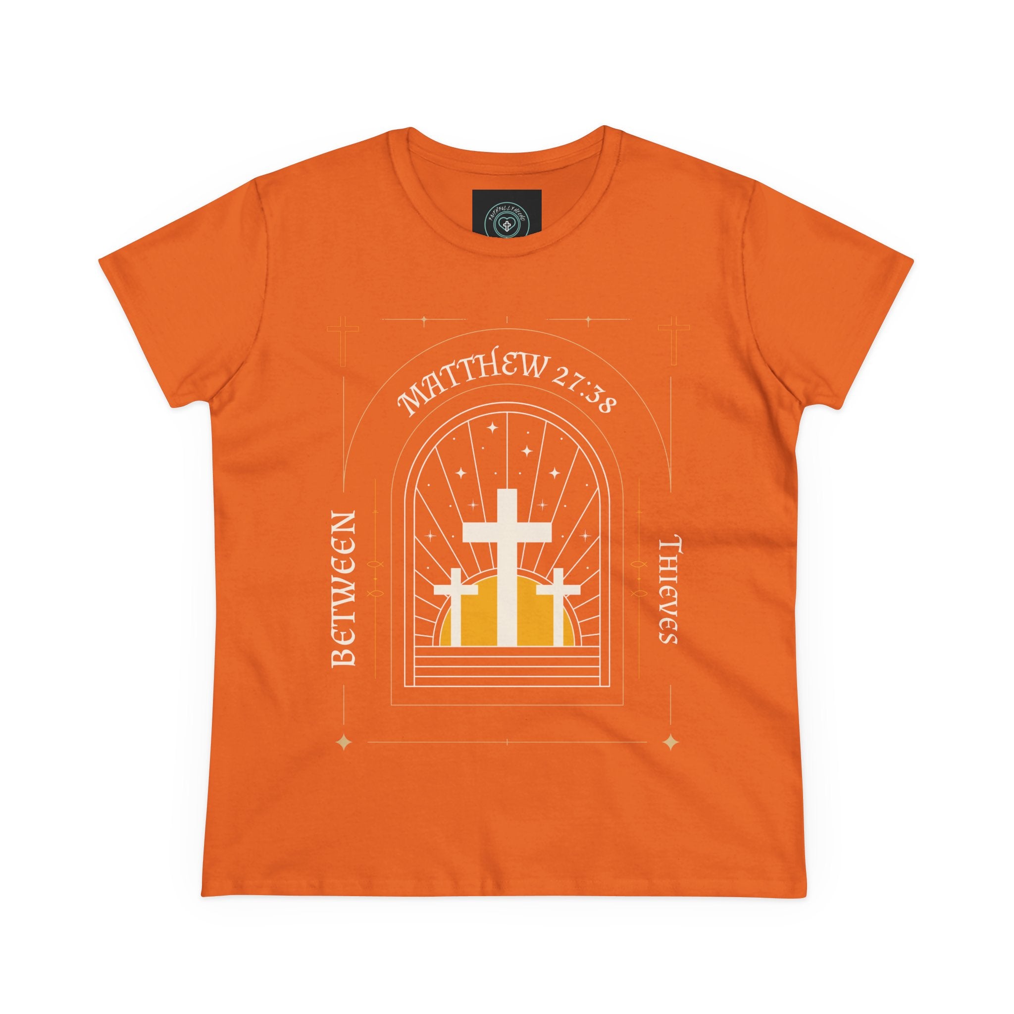 Women's Tee, Casual Faith Shirt semi fitted, Matthew 27:38 Affirmation Top, Godly Girl graphic Tee, Gift for Her - Between thieves.